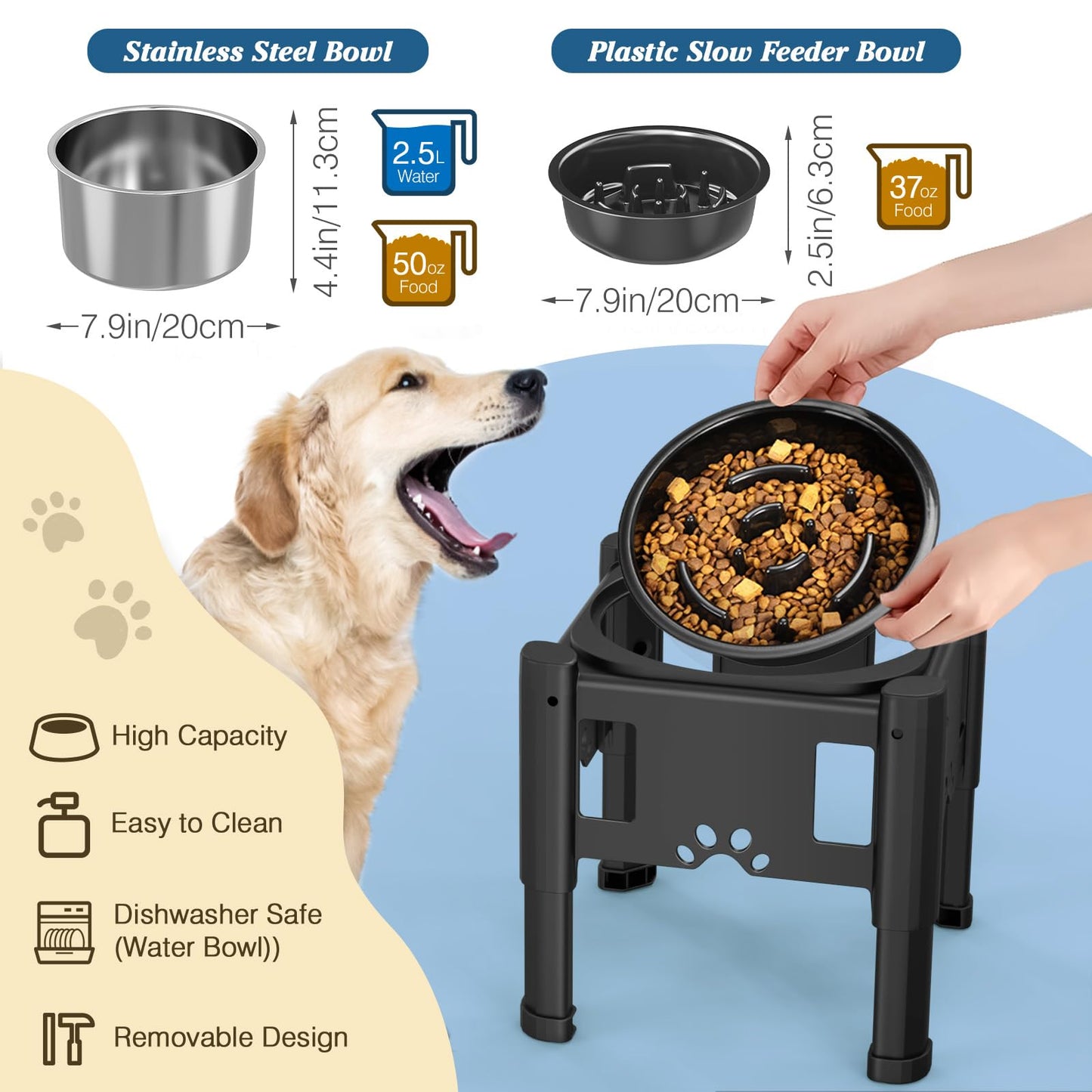Lewondr Dog Water Bowl, 80OZ Large Capacity Raised Water Bowl for Dogs with Dog Slow Feeder Bowl, No Spill Water Bowl for Dogs 3 Heights Adjustable Elevated Dog Bowl Stand for Small Medium Large Dogs