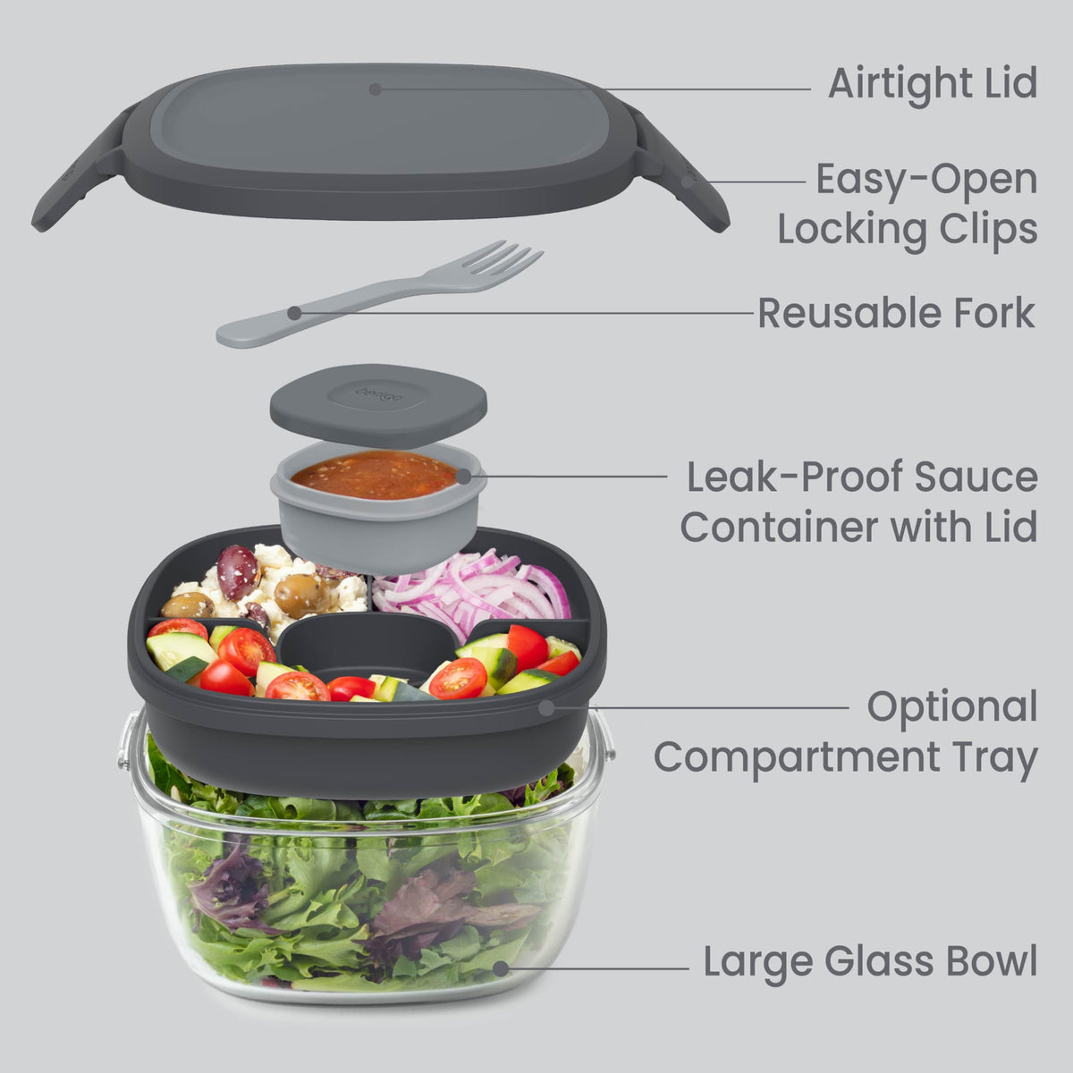 Bentgo Glass Salad Container - 7.6 Cup Salad Bowl with Airtight Lid, Leakproof Sauce Container, 4 Compartment Bento Tray and Reusable Fork - BPA Free for