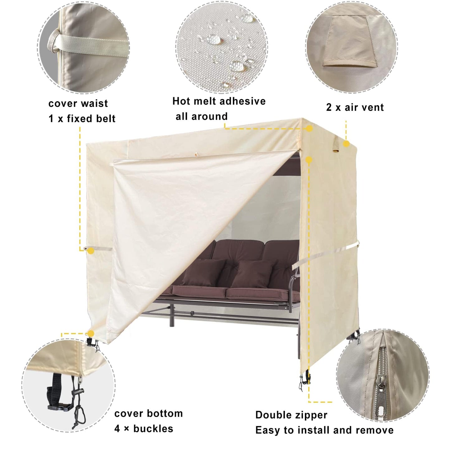 Ourdoor Swing Cove,2 Triple Seater Hammock Cover Garden Swing Cover Garden Hammock Glider Chair Cover Outdoor Swing Cover UV Resistant Swing Canopy Cover (80*59*72 inch) Beige