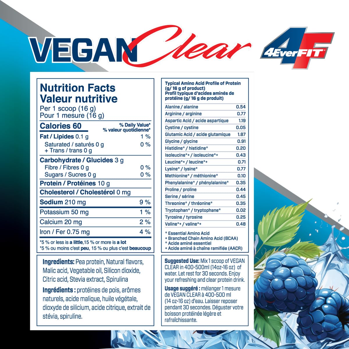 4EverFit Vegan Clear Protein, Low-calorie, Sugar-free, Plant-based, Gluten-free, Non-chalky, Grit-free, Light Clear Juice, Blue Freeze Flavour, 15 Servings, 240g