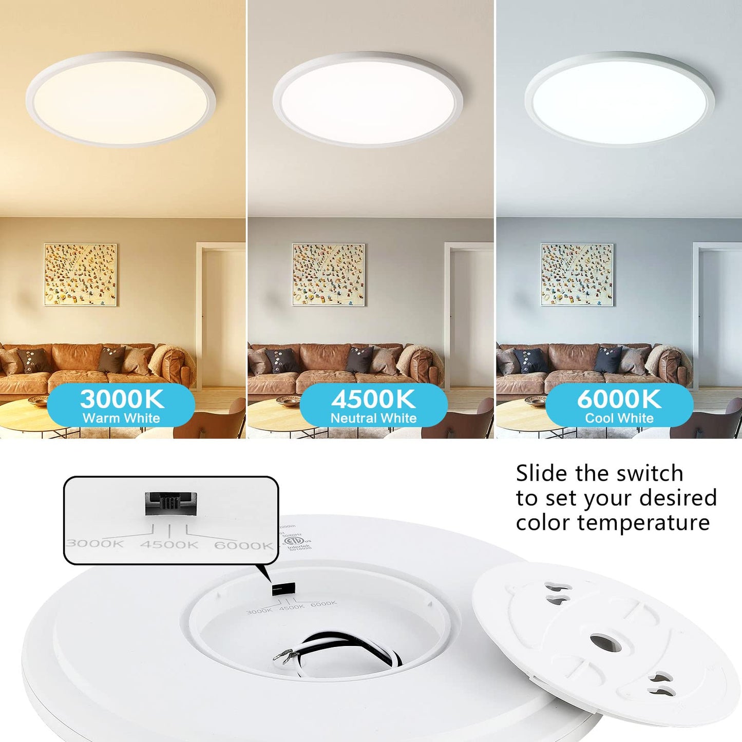 28W 3CCT Flush Mount LED Ceiling Light Fixtures Dimmable 12Inch, 3200LM Bright LED Ceiling Lights, 3000K/4500K/6000K, Low Profile Slim White Lamps for Bathroom Bedroom Kitchen Hallway, 2 Packs