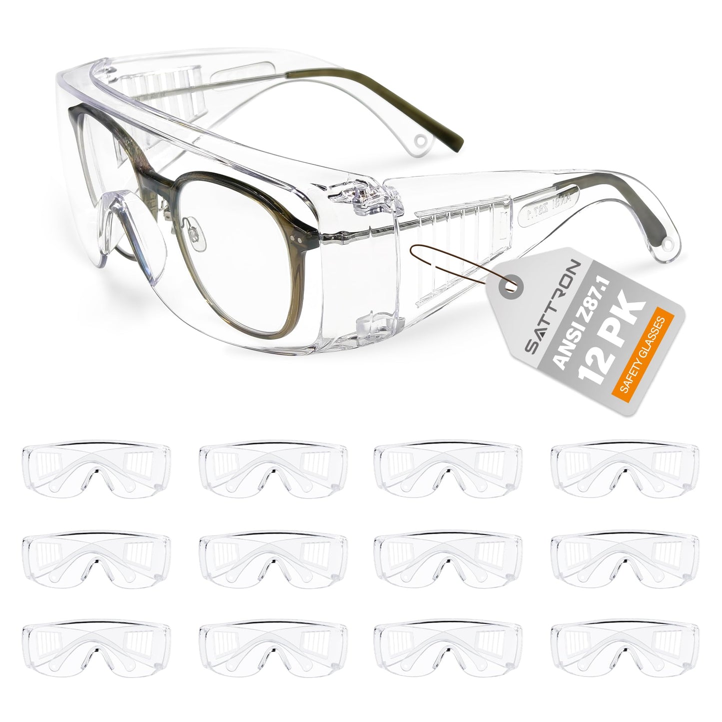Clear Safety Glasses Over Eyeglasses 12 PACK ANSI Z87.1 Impact Resistant Wide Vision Safety Goggles Fit Over Most Glasses Dust/Chemical Splash Proof Lightweight Protective Eyewear for Men Women