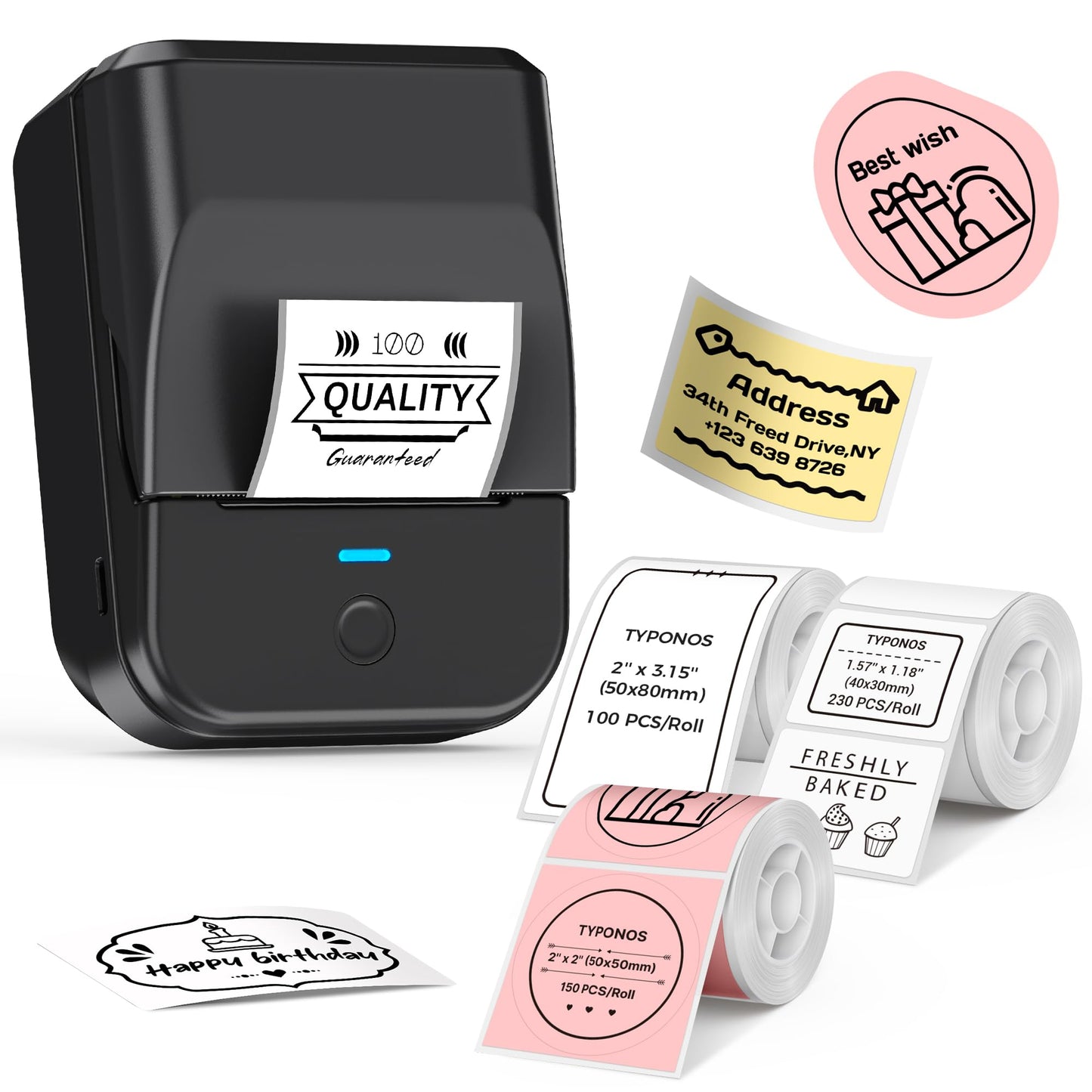 TYPONOS PM240 Label Maker Machine with 3 Tapes, 2" Portable Thermal Label Printer for Phone & PC, Bluetooth Label Maker with Multiple Templates for Small Business, Office, Home, School, Set 1