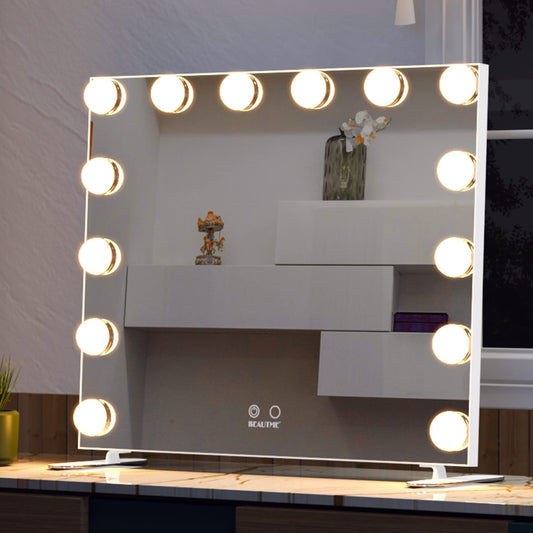 BEAUTME Vanity Mirror with Lights, 23.6" x 20" Large Makeup Mirror, Hollywood Mirror with 14 Dimmable Bulbs, 3 Color Modes & Adjustable Brightness, Detachable 10x Magnification