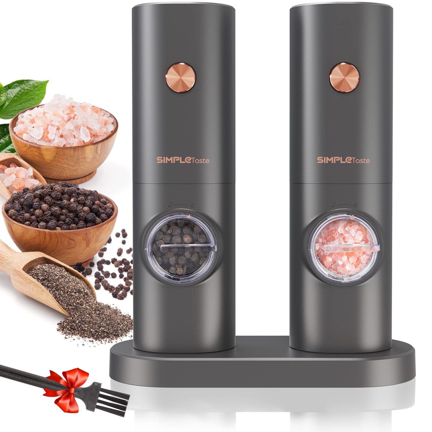 SIMPLETASTE Electric Salt and Pepper Grinder Set, One-Handed, Battery Powered, Adjustable Coarseness, LED Light, Pepper Mills with Stand, Seasoning Tools for Kitchen, Dining