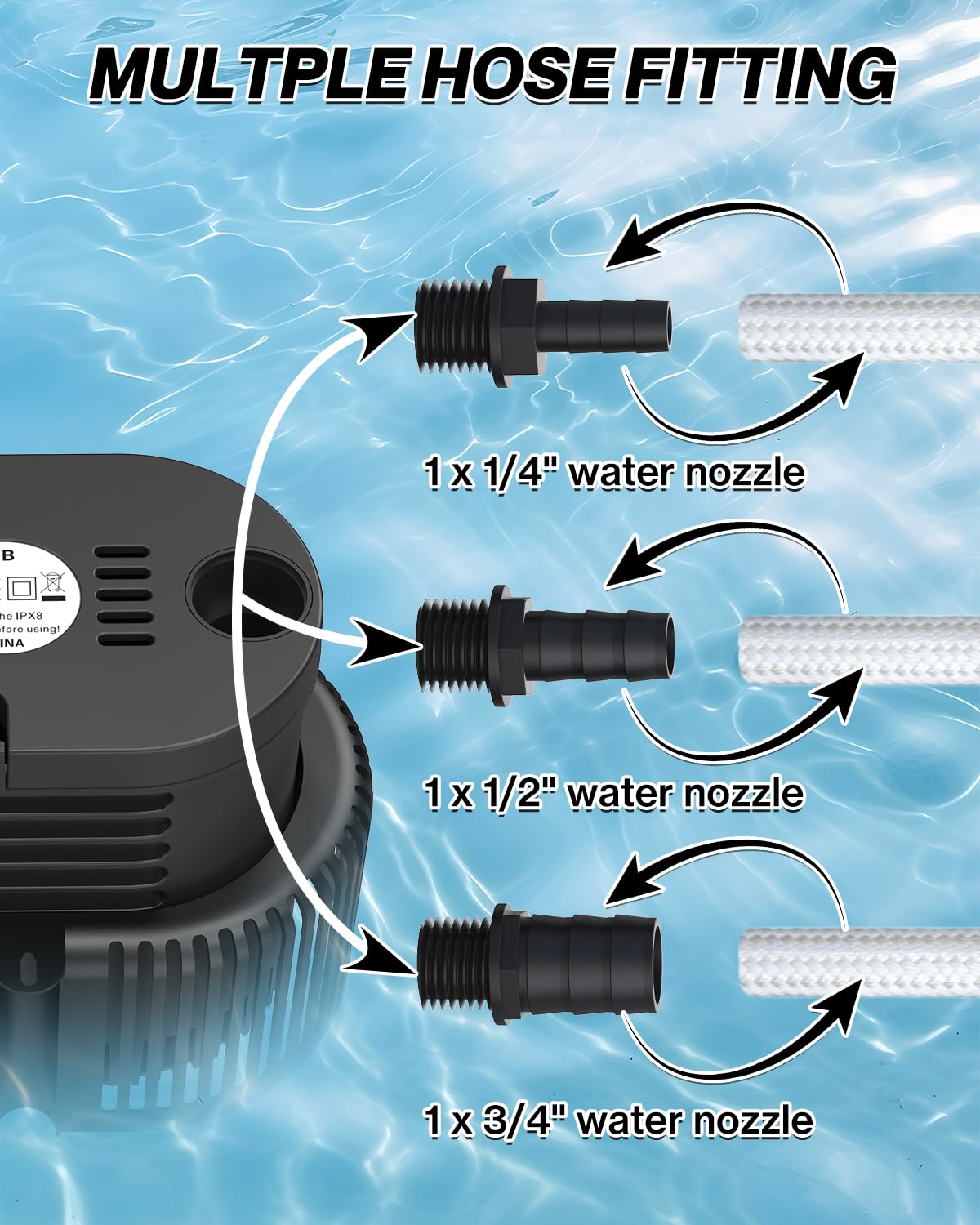 Pool Cover Pump Above Ground - Submersible Sump Pump, Swimming Water Removal Pumps, with Drainage Hose & 25 Feet Extra Long Power Cord, 850 GPH inGround, 3 Adapters Black