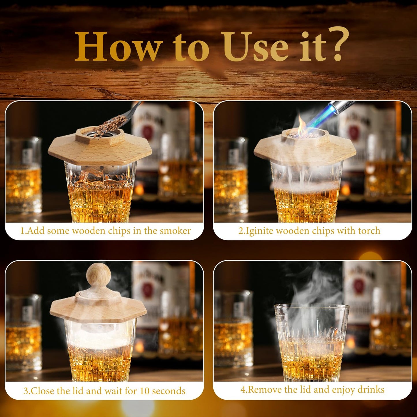 Whiskey Smoker Kit with Torch, Old Fashioned Cocktail Smoker Kit, Christmas Birthday Gifts for Him Dad Men Husband Grandpa, 6 Flavors Wooden Chips, 4 Granite Whiskey Stones, Ice Ball included