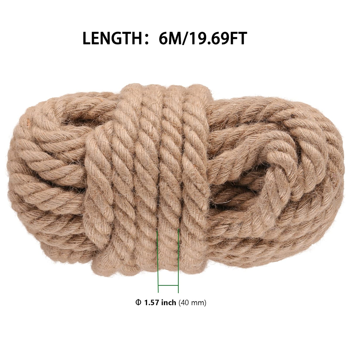 HAKZEON Jute Rope,1.5 Inch (40mm) x 20 Ft Natural Thick Hemp Ropes,Heavy Duty Twine Hemp Ropes for Gardening, Crafts, Camping, Decor, Bundling, Porch Swing