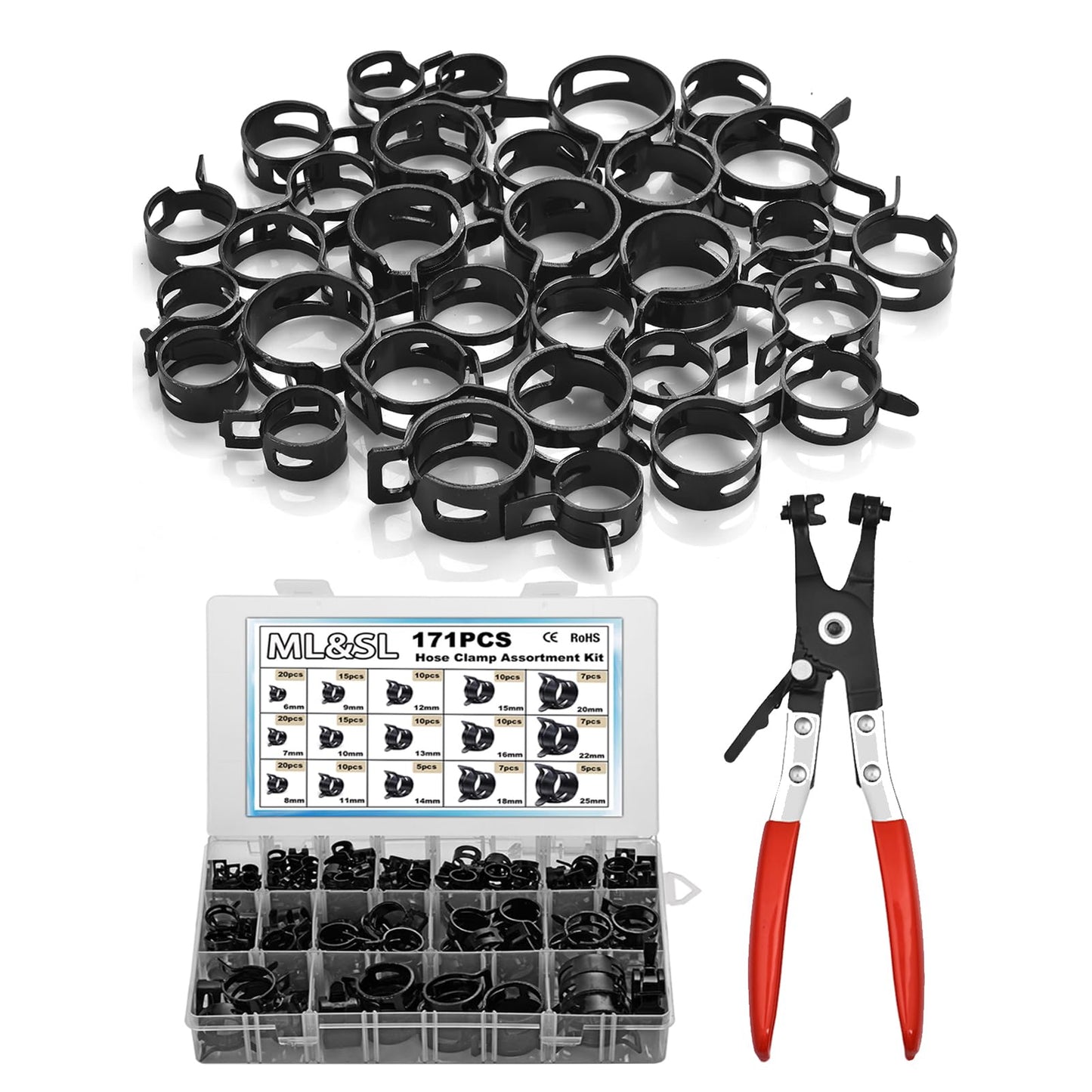 171Pcs 6-25mm Spring Band Hose Clamps With Swivel Flat Plier 15 Sizes Assortment Kit, Fuel Line Silicone Vacuum Hose Steel Clip Clamp,Low Pressure Air Pipe Fasteners In Automotive, Marine, Gardening
