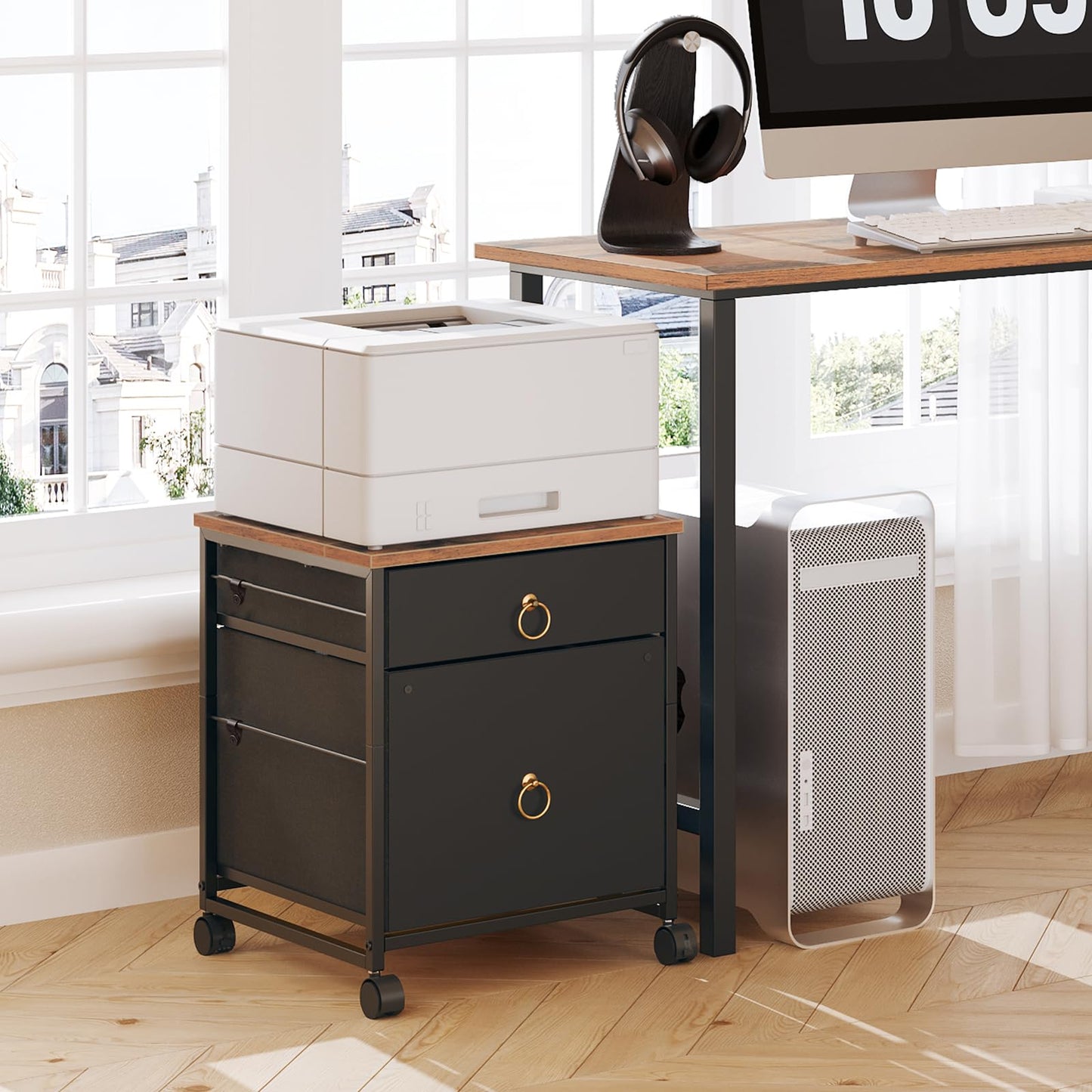 HOOBRO File Cabinet, 2-Drawer Vertical Mobile Office Cabinet, Rolling Printer Stand, for A4/Letter Size Files, Nonwovens Drawer, for Home Office, Rustic Brown and Black BFK21WJ01