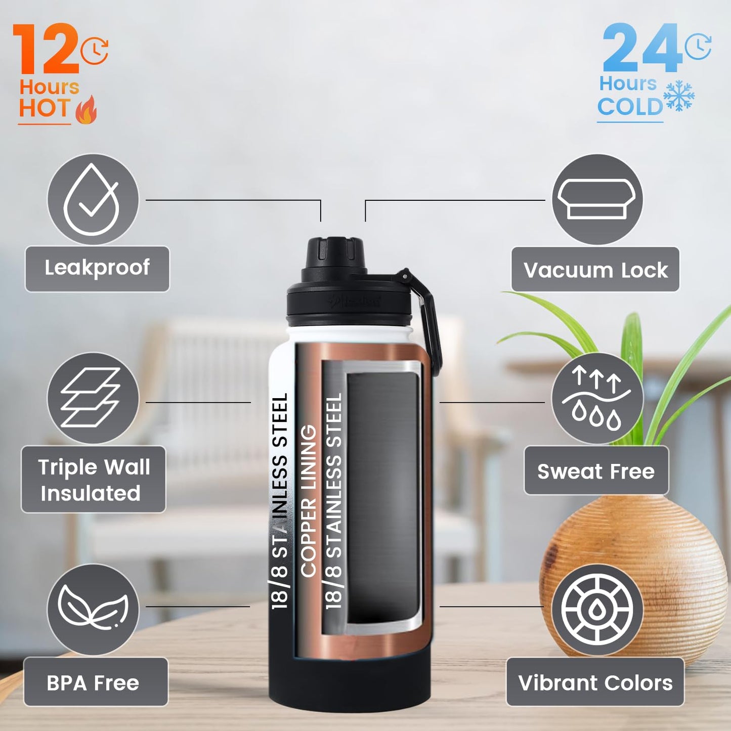 Lexlion Water Bottle 32 Oz, Triple Walled Insulated Stainless Steel Reusable, Wide Mouth, Fruit Diffuser-Thermal Leaf Infuser, Silicone Sleeve&Cleaning Brush, 3 Lids Leak Proof, Metal Mug Gallon
