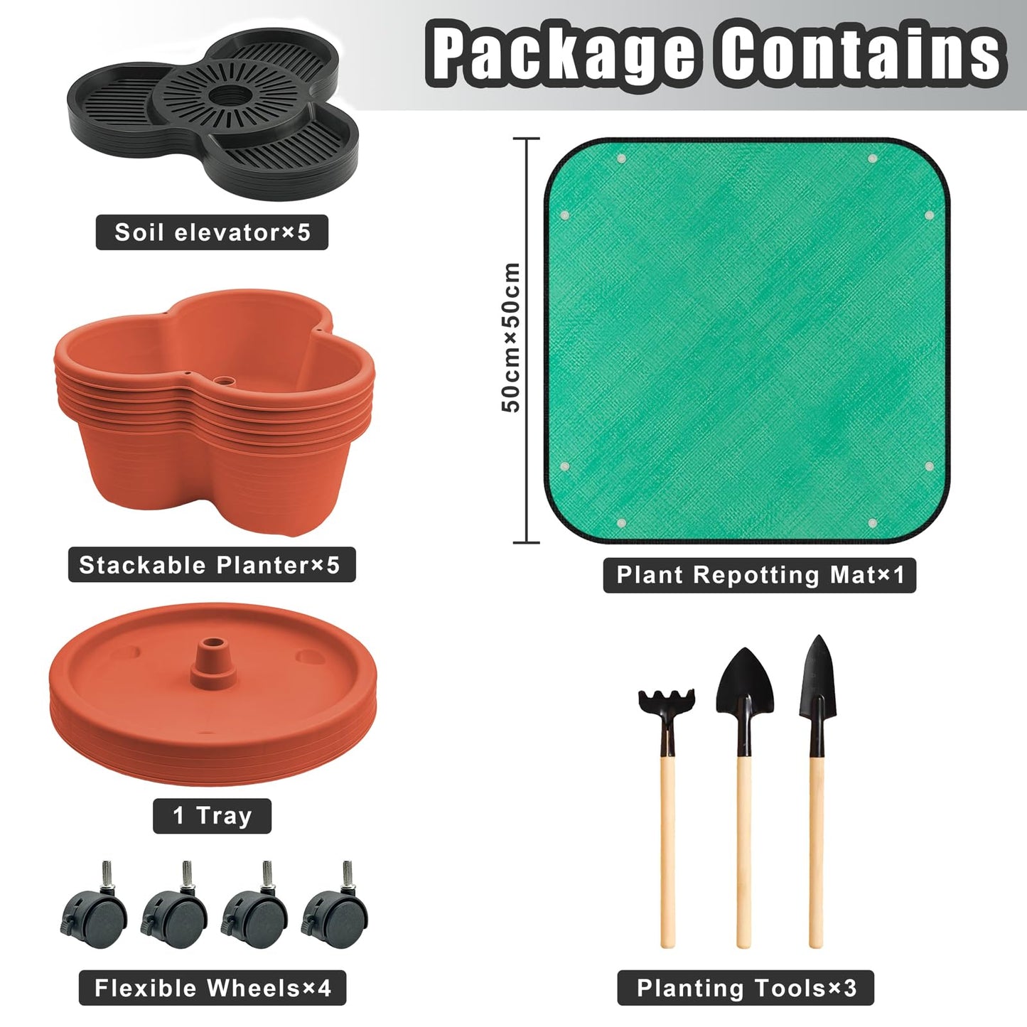 5 Tier Stackable Planter with Removable Wheels and Garden Tools, Garden Planting Tower Planters, Indoor Outdoor Gardening Pots, Vertical Garden Planter(Brick Red)