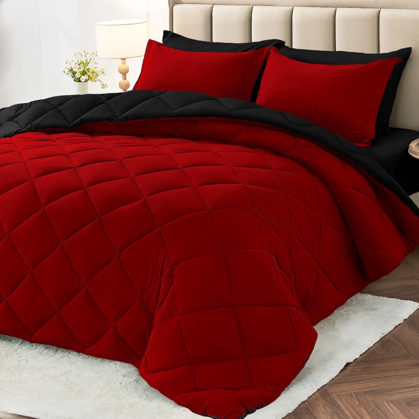 MUXHOMO 7 Pieces King Size Comforter Set, Reversible Bed in a Bag King, All Season King Bedding Set with Comforter, Flat Sheet, Fitted Sheet, Pillowcases & Shams, Red & Black