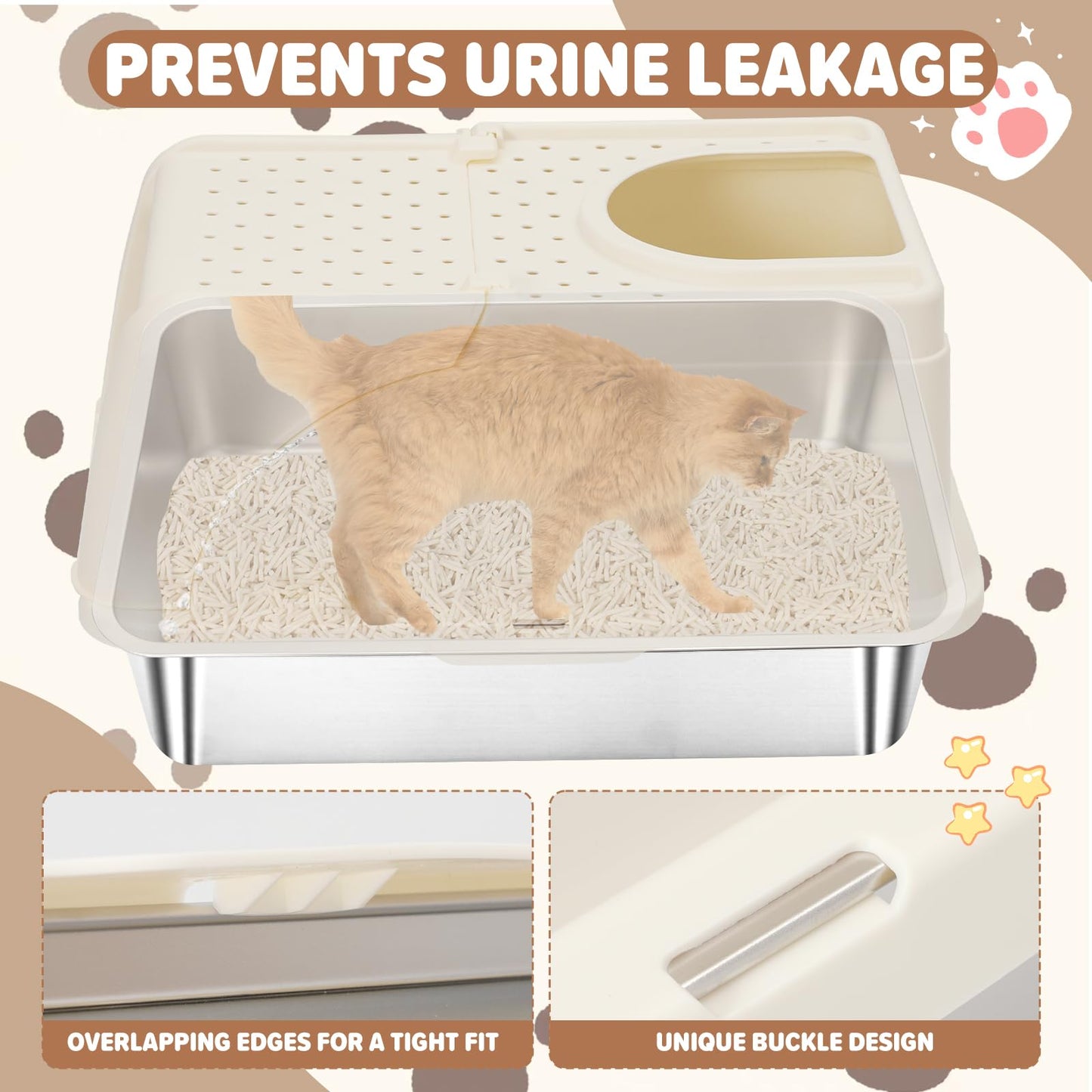 Stainless Steel Cat Litter Box with Lid, XXL Large Enclosed High Sided Litter Box with Removable Lid, Easy Cleaning, Anti-Urine Leakage for Big Cats White