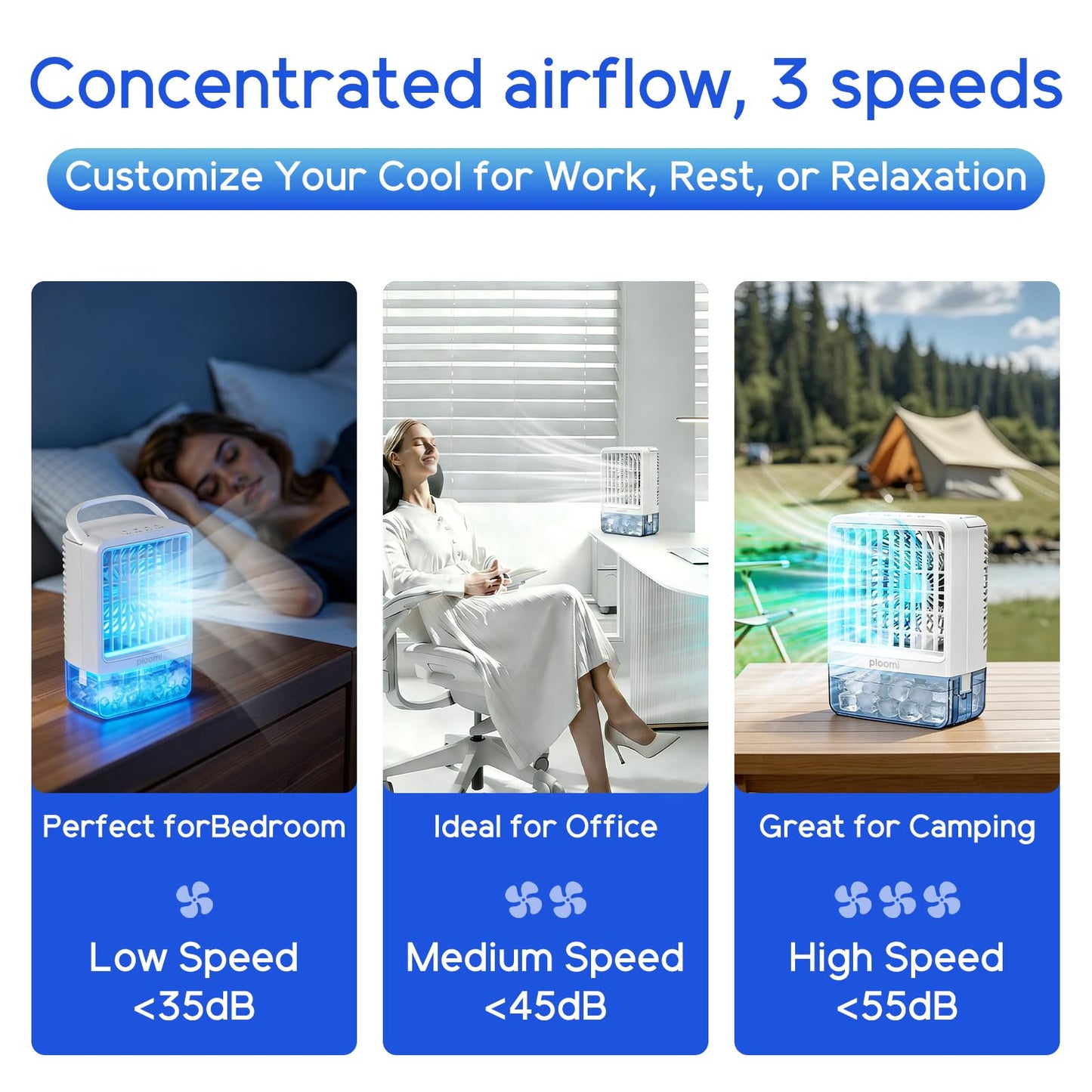 Ploomi Evaporative Air Cooler Fan, 4-in-1 Portable Personal Mini AC with Humidifier & 7 Color LED Night Light, 3 Speeds & 3 Mist Modes, USB Powered, for Bedroom Office Desk Camping Tent