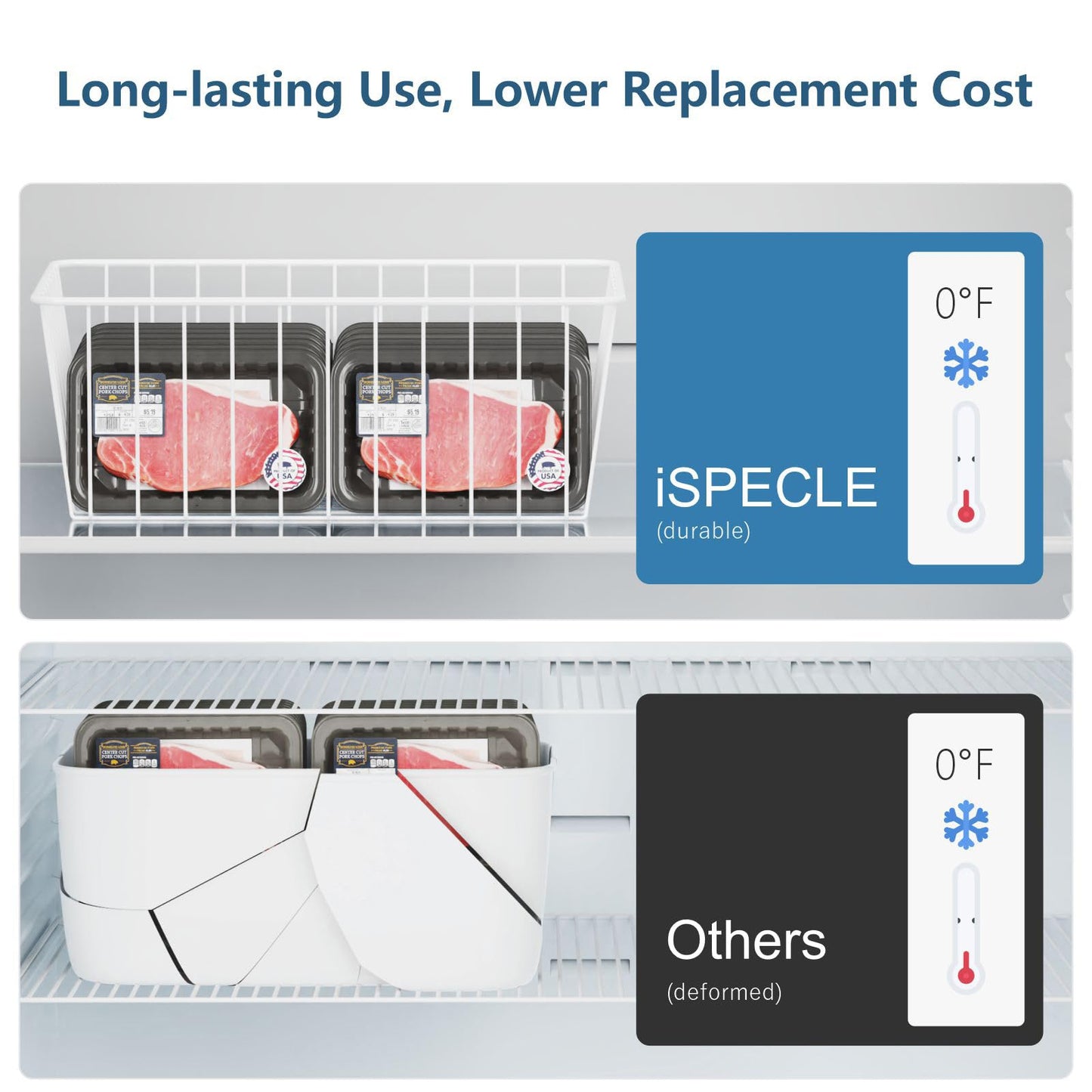 iSPECLE 6 Pack Upright Freezer Organizer Bins for 11 Cu.Ft, Heavy Duty Wire Storage Baskets with Handles, Rust-Resistant Metal Crates for Meat & Veggies, Stand Up Freezer Organization, White