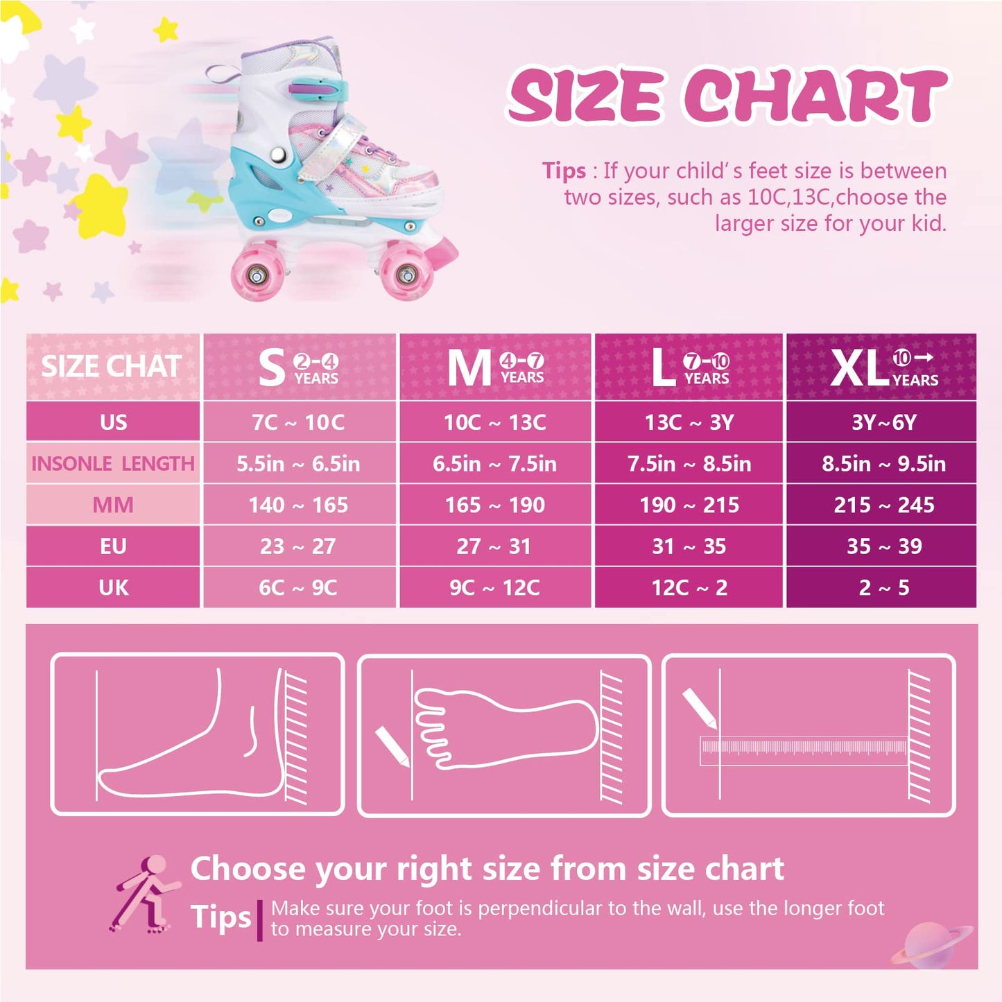 Runcinds Toddler Roller Skates for Girls Kids, 4 Size Adjustable Kids Roller Skates for Little Girls with Light Up Wheels