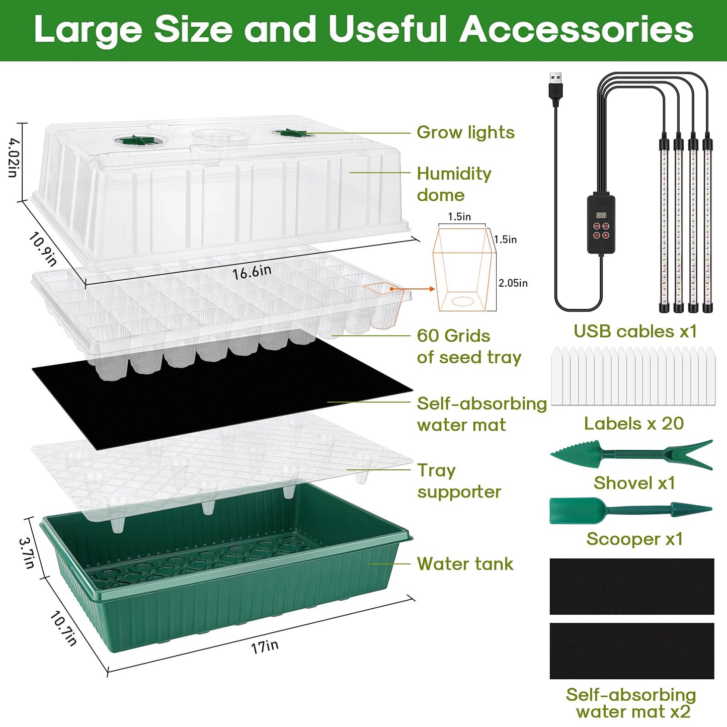 Blumway Self-Watering Seed Starter Tray Kit with Grow Light and Humidity Dome, 3 Color Growing Light,120-Cell Plant Seedling Tray,Reusable Germination Trays,Adjustable/Timed Plant Starter Set