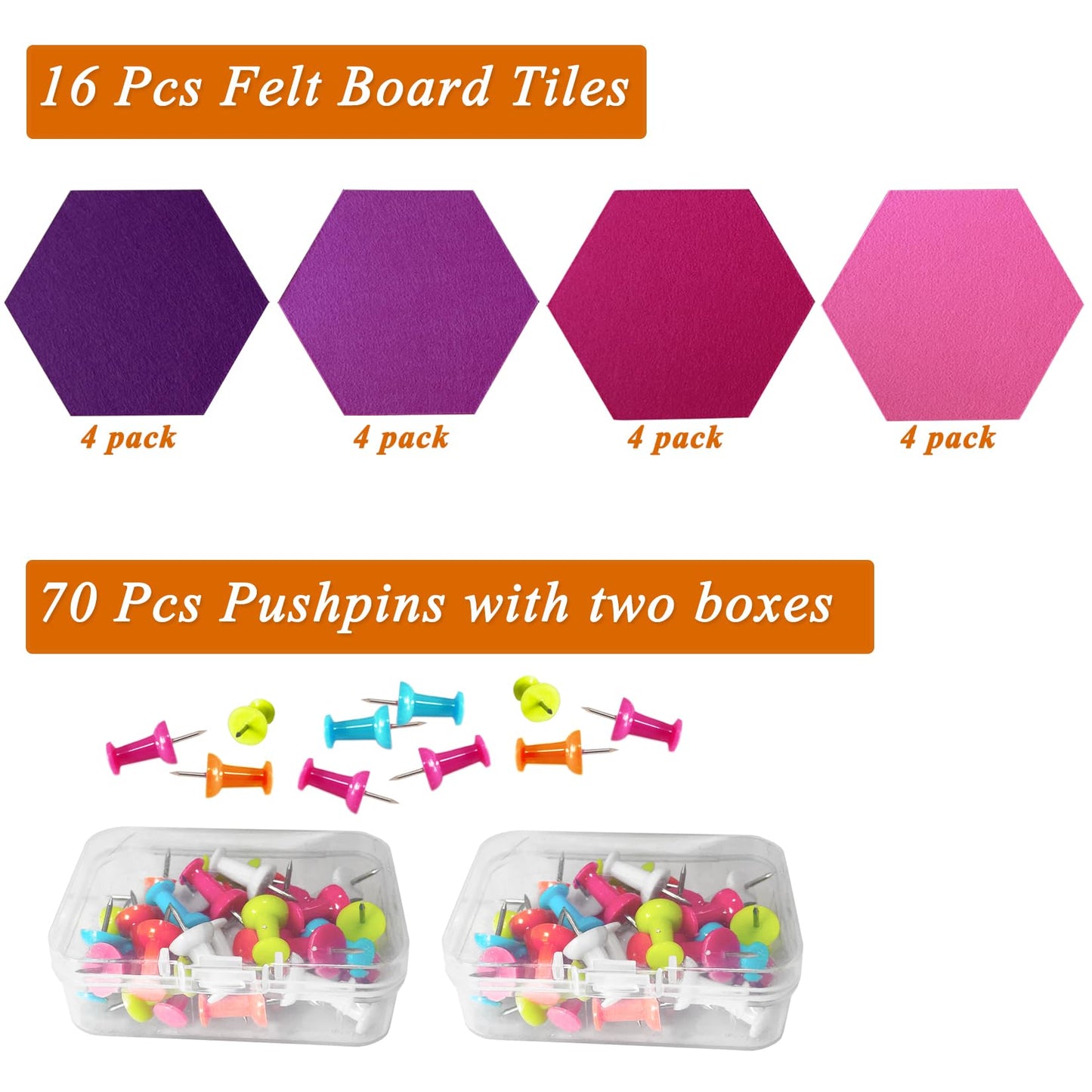 HULAVO 16Pcs Hexagon Felt Cork Board Tiles, Self Adhesive DIY Felt Bulletin Board Pin Board with 70 Pushpins for Office School Home Wall Decor Stickers Memos Photos Display(Gradual Purple)