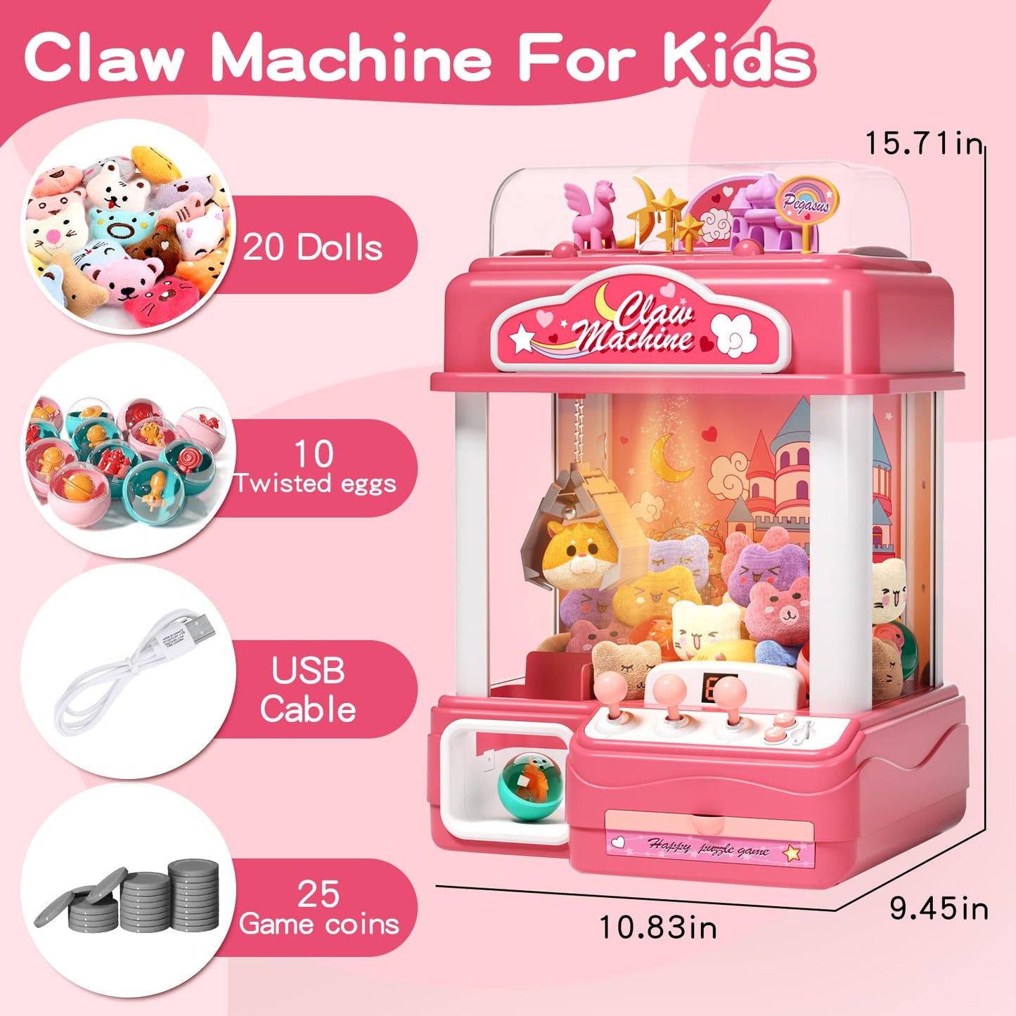 AIQI Kids Claw Machine, Large Candy Vending Grabber, Prize Dispenser Toys for Girls and Boys, Electronic Claw Game Machine for Party Birthdays with Lights Sound, Includes 30 Toys and 25 Game Coins