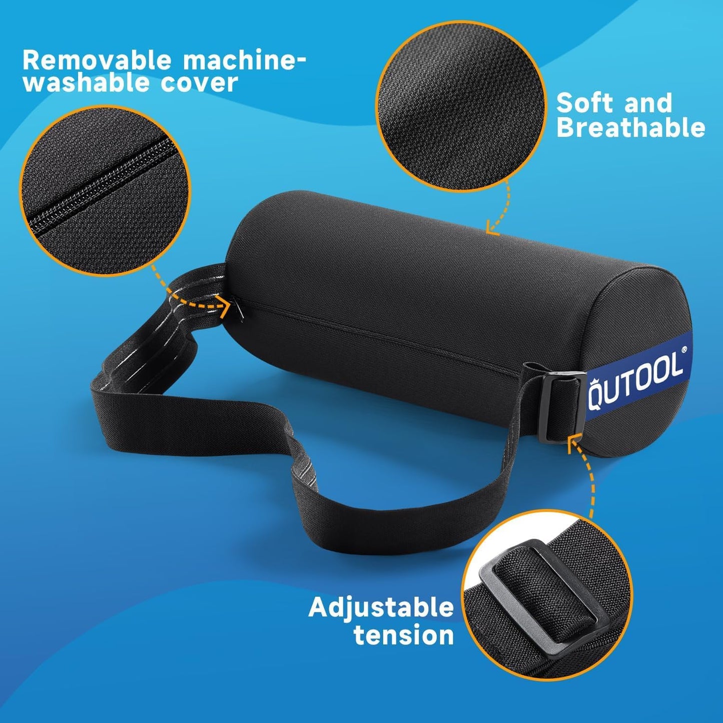 QUTOOL Lumbar Roll Support for Office Chair – Lower Back Support Cushion for Sitting, Anti-Slip Adjustable Strap, Firm Foam, Removable Washable Cover