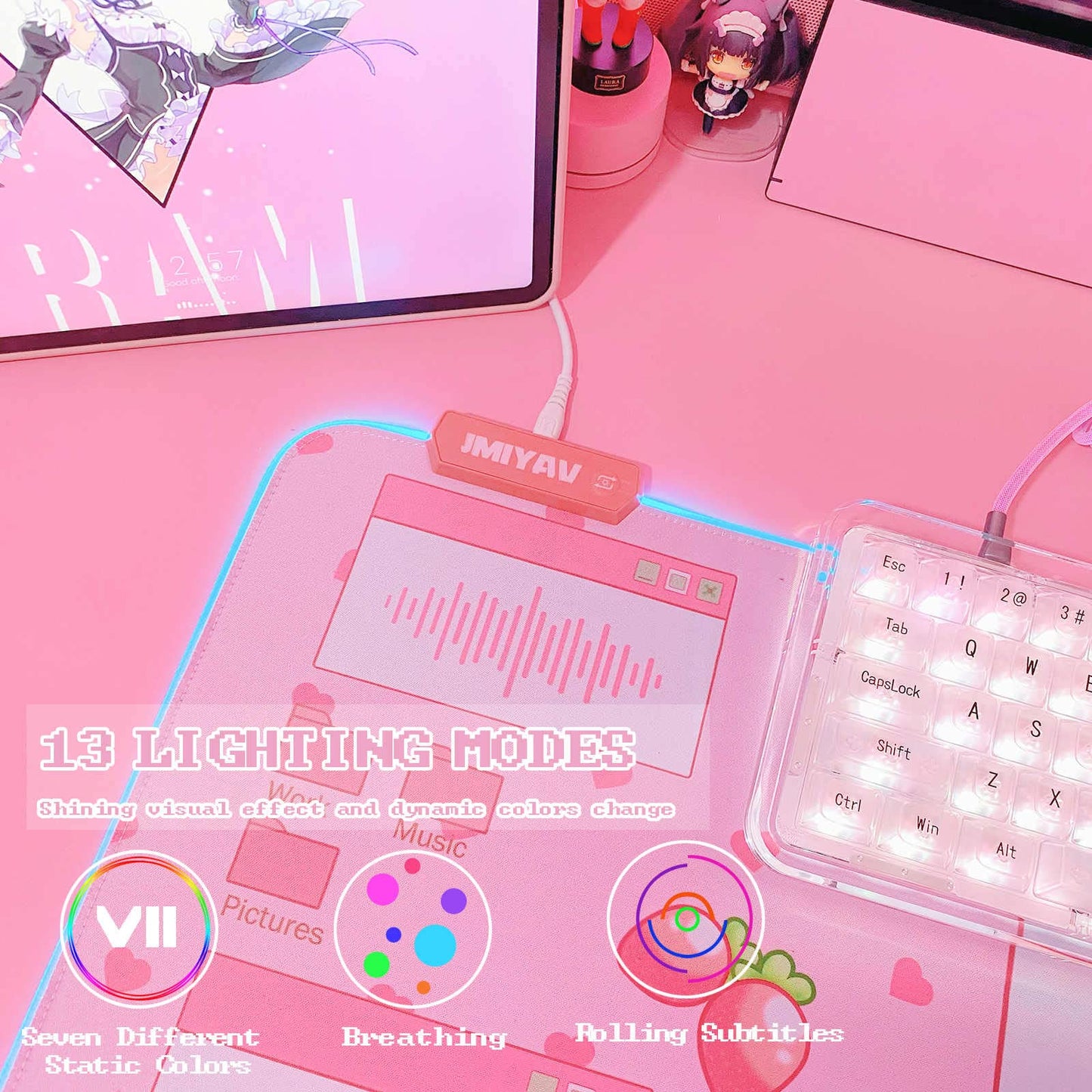 JMIYAV Pink RGB Gaming Mouse Pad 31.5x12 Inch PC XL Large Extended Glowing Led Light Up Desk Pad Non-Slip Rubber Jmiyav Base Computer Mouse Pad Cute Mousepad Mat 31.5x12 Inch Over