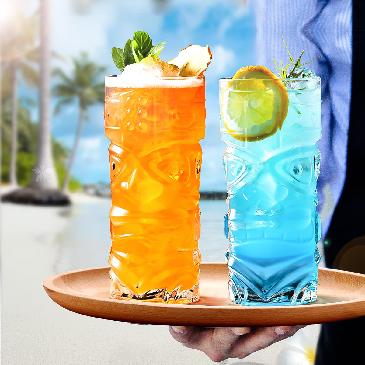 Clear Tiki Glasses Set of 6-14 oz Modern Bar Tiki Cocktail Glasses Perfect for Exotic Cocktails,Mai Tai, Hawaiian Style Cocktails, Tropical Island Drinksware Set