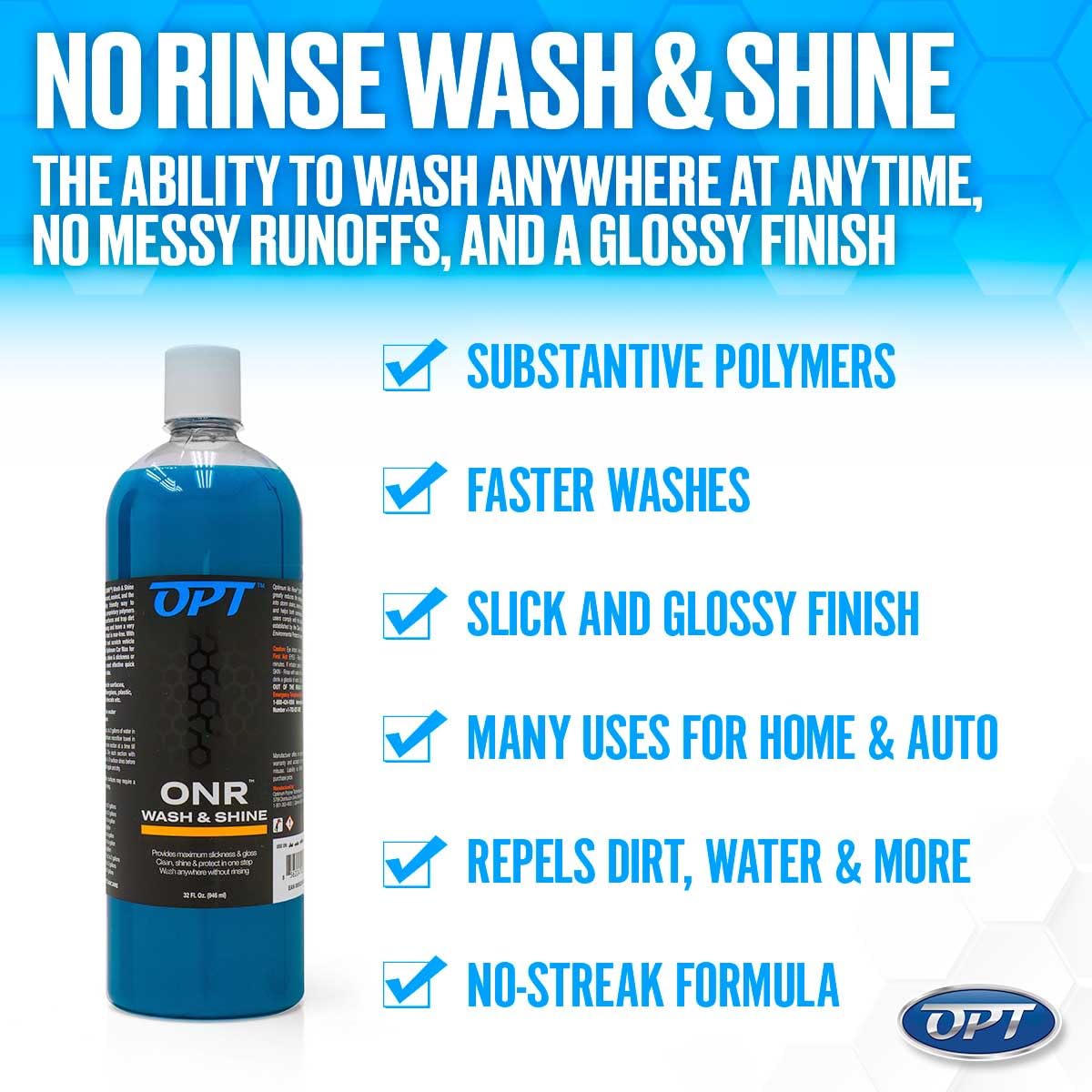 Optimum No Rinse Wash and Shine - ONR Car Wash, 8 Oz., Safe on Paint, Coatings, Wraps, and Interior, Rinseless Wash provides an Eco Friendly Car Wash Option
