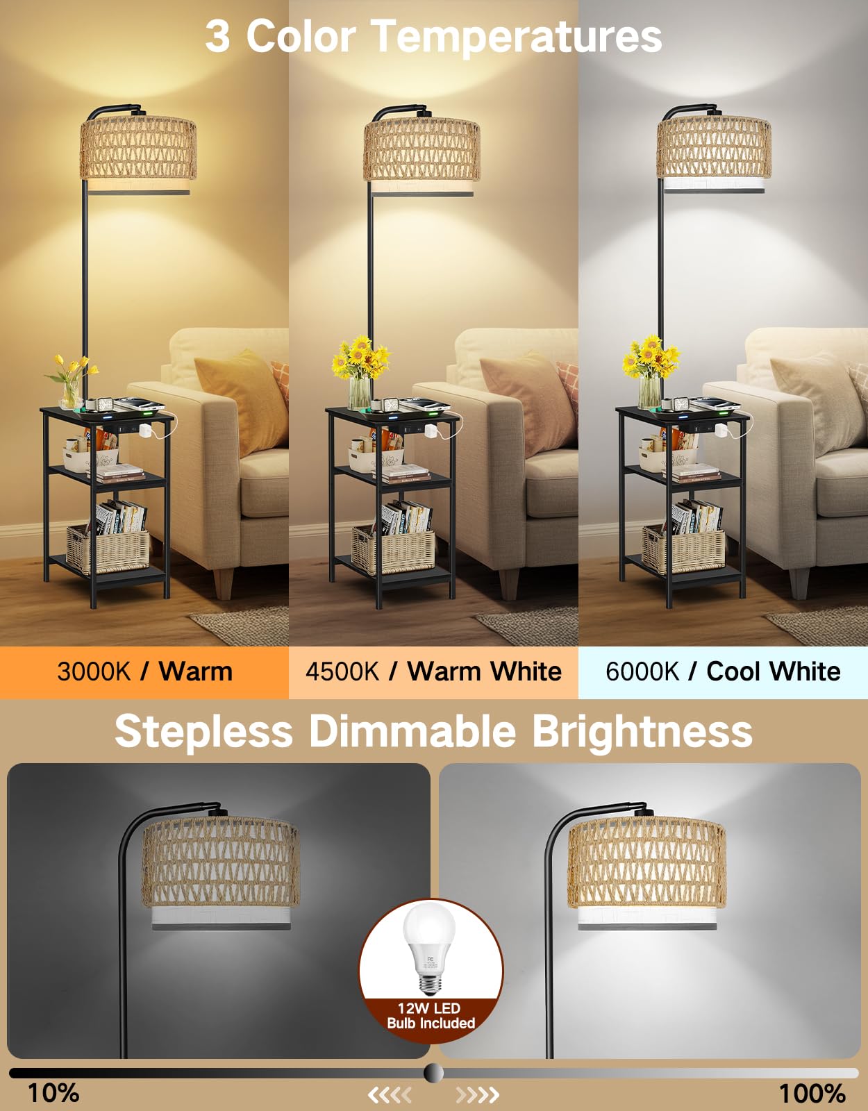 OUTONLIFE Floor Lamp with Table & Rattan Shade, Side End Table with Charging Station, Dimmable Nightstand with 3 Color Temperatures, 1-Hour Timer, 12W LED Bulb, for Living Room, Bedroom(Black)