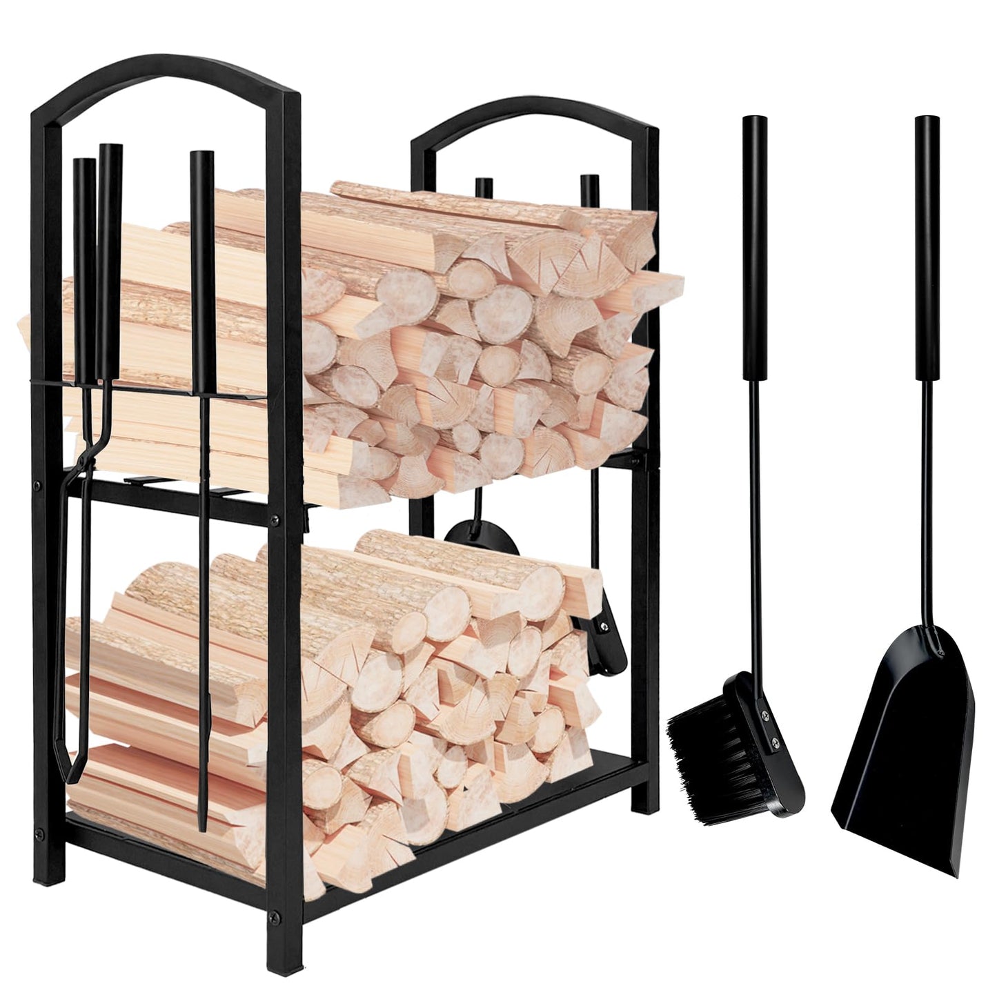 Grandhom Firewood Rack Indoor with 4pcs Fireplace Tools Set,Iron Wood Rack for Firewood Storage,Log Holder for Outdoor Fire Pit and Wood Stove with Poker,Brush,Shovel,Tongs,Black,45x30x74.5cm