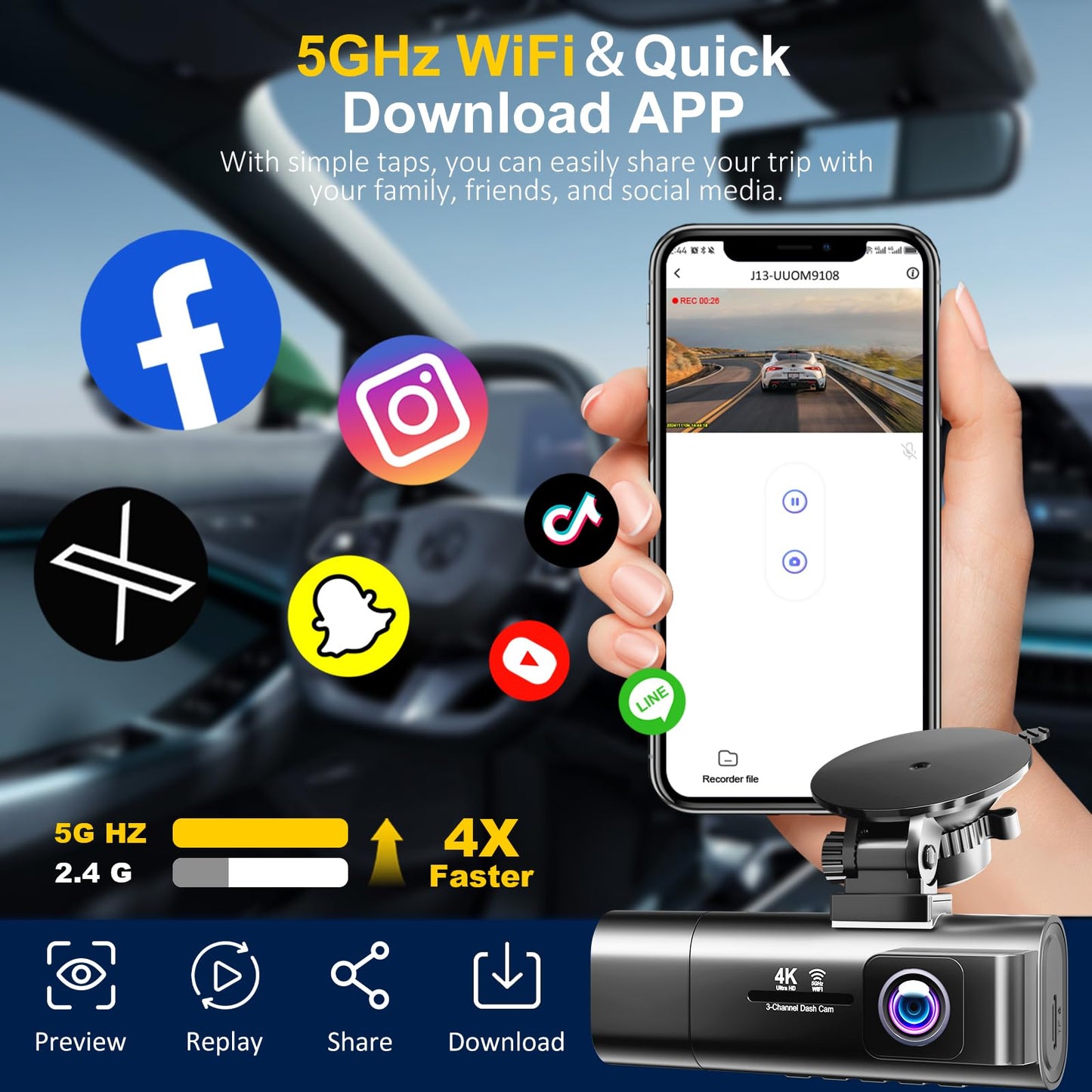 TOOXYZ Dash Cam Front and Rear Inside,3 Channel Dash Cam for Car,5G WiFi,3.16" IPS,Free 64GB Card,4K+1080P+1080P Dash Camera,Loop Recording,G-Sensor,WDR,Night Vision,Time-Lapse, 24H Parking Monitor