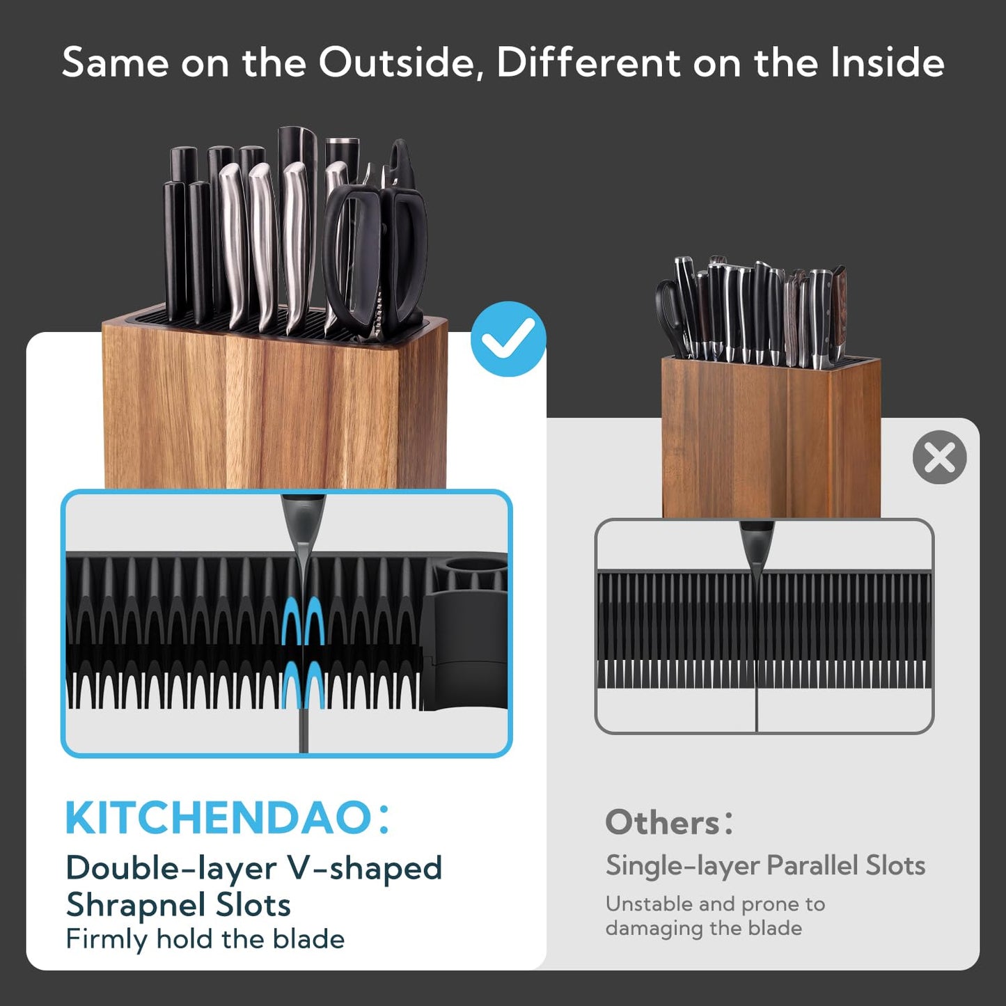 KITCHENDAO XL Acacia Wood Universal Knife Block Holder with Slots for Scissors and Sharpening Rod, Safe, Space Saver Knives Storage Stand Display Without Knives, Unique Slot Design to Protect Blade