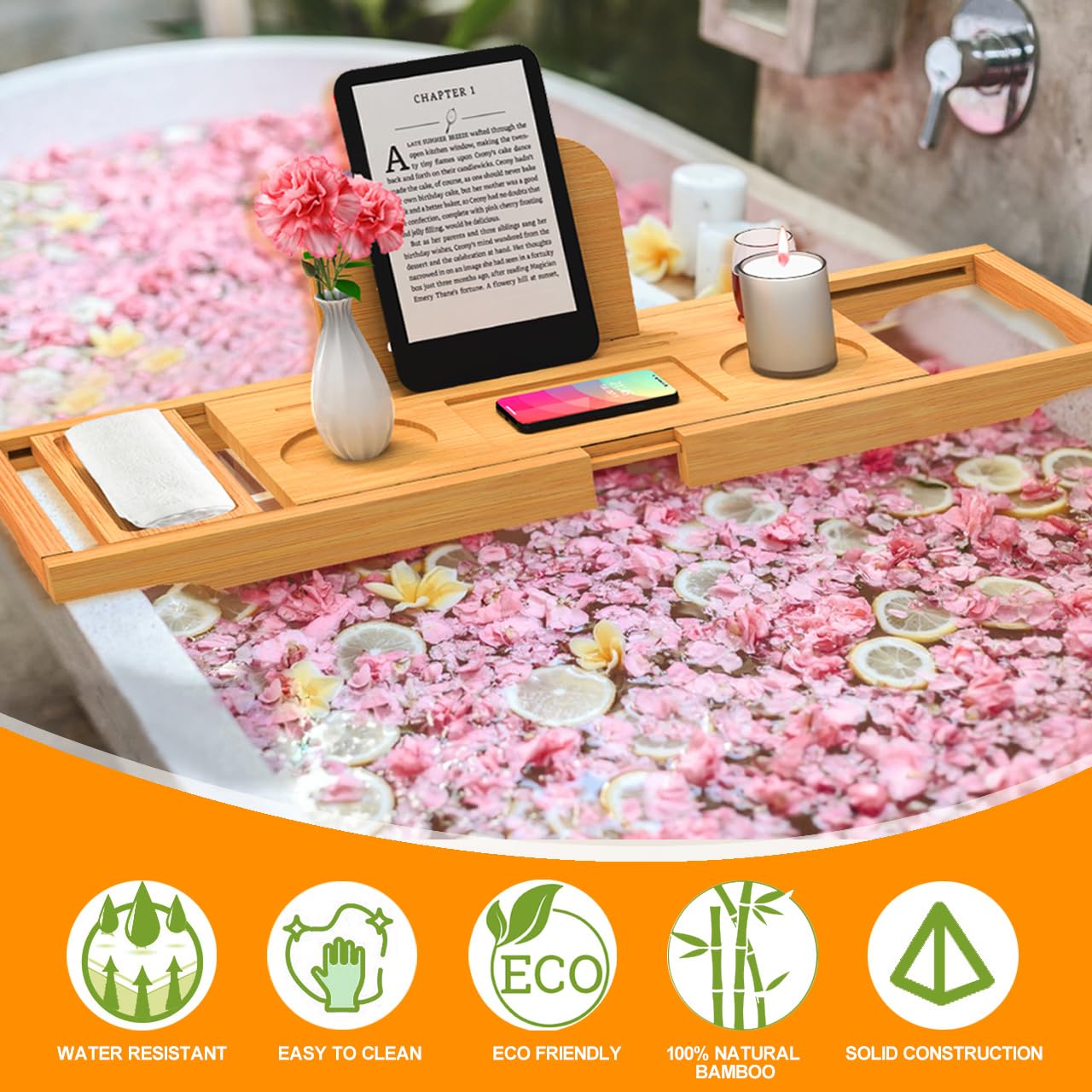 Premium Bamboo Bathtub Tray Caddy - Bath Tray Adjustable - Bathroom Trays for Bathtub,Expandable Size, Fits Most Bath Tubs