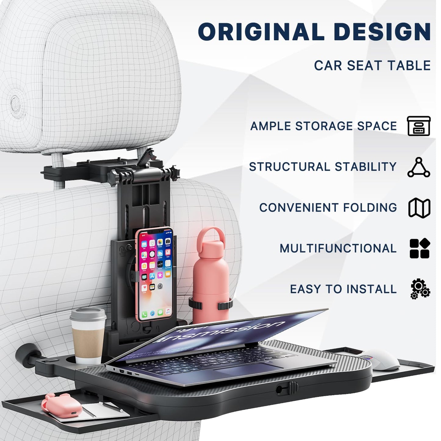 Car Back Seat Tray Table, Auto Stable Foldable Backseat Food Trays Desk for Rear Passenger Road Trip Eating Work, Multifunctional Adjustable Travel Tray with Phone Drink Holder for Laptop iPad