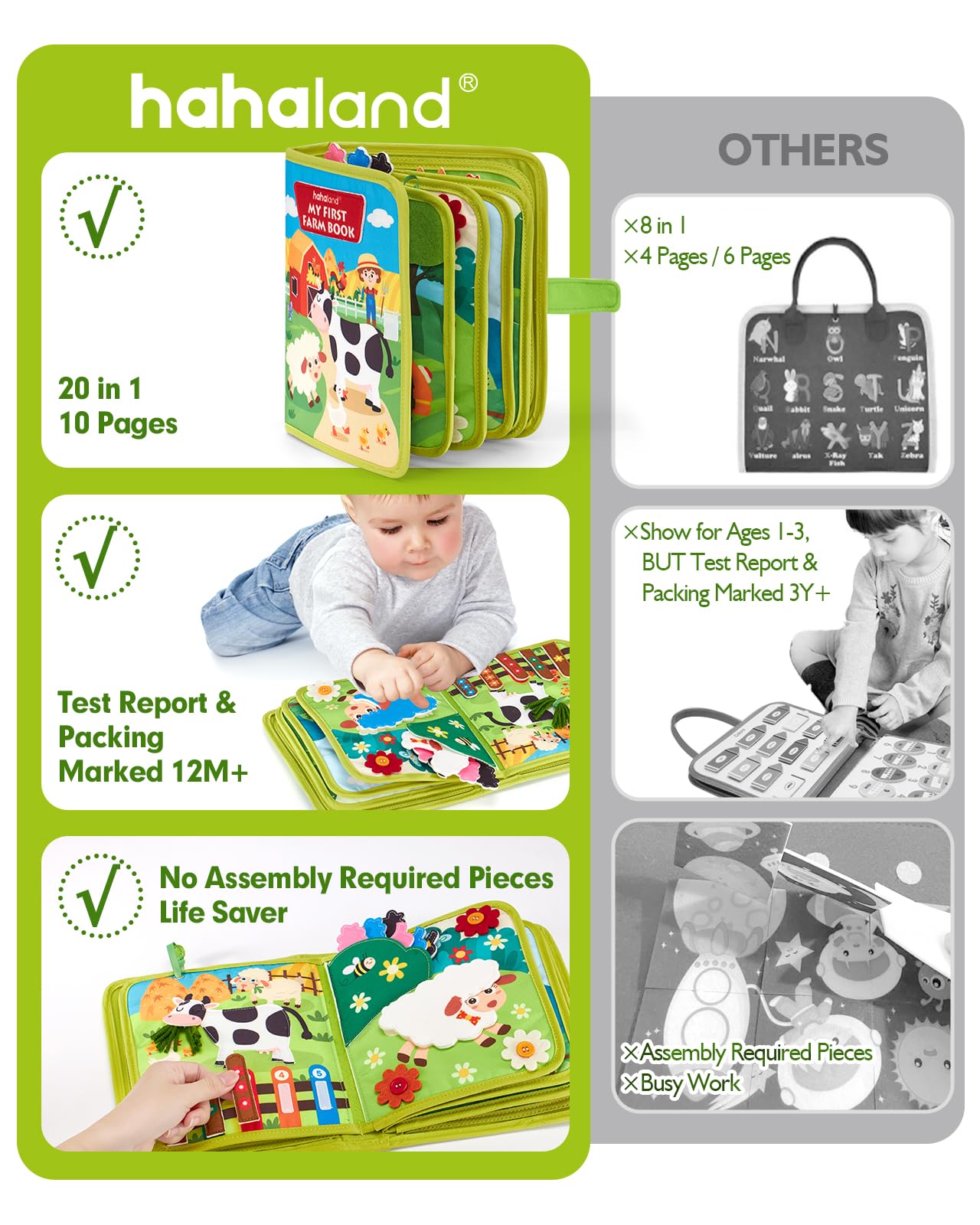 hahaland Busy Books for Toddlers 1-2 - Montessori Toddler Busy Board for 1 2 Year Old, 20 in 1 Quiet Book Educational Toddler Toys for 1 2 3 Year Old Boy Girls Gifts, Travel Toys for Toddlers 1-3