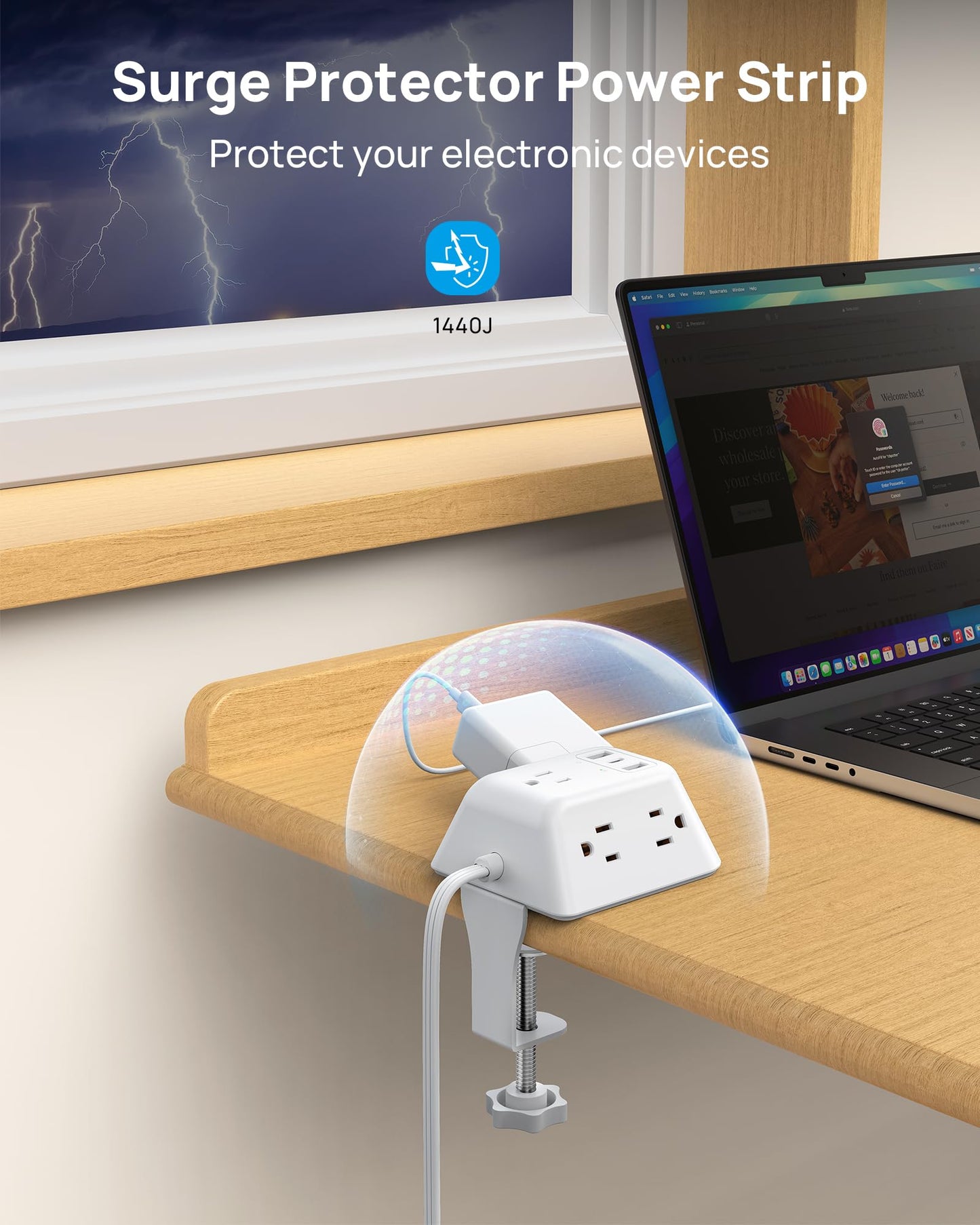 TROND Desk Clamp Power Bar Surge Protector with USB C Ports, Power Strip Charging Station with 5 Outlets, 6ft Slim Flat Plug Extension Cord Indoor, Fit 1.97" Tabletop Edge for Home Office Dorm, White