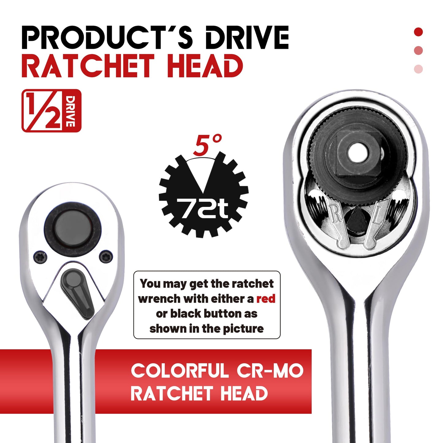 UYECOVE 1/2 Inch Drive Ratchet Wrench, 1/2 Ratchet Wrench Long Handle, Socket Wrench, 72-Tooth Quick-Release Reversible Cr-Mo Head, Chrome Steel Made - 15''38cm