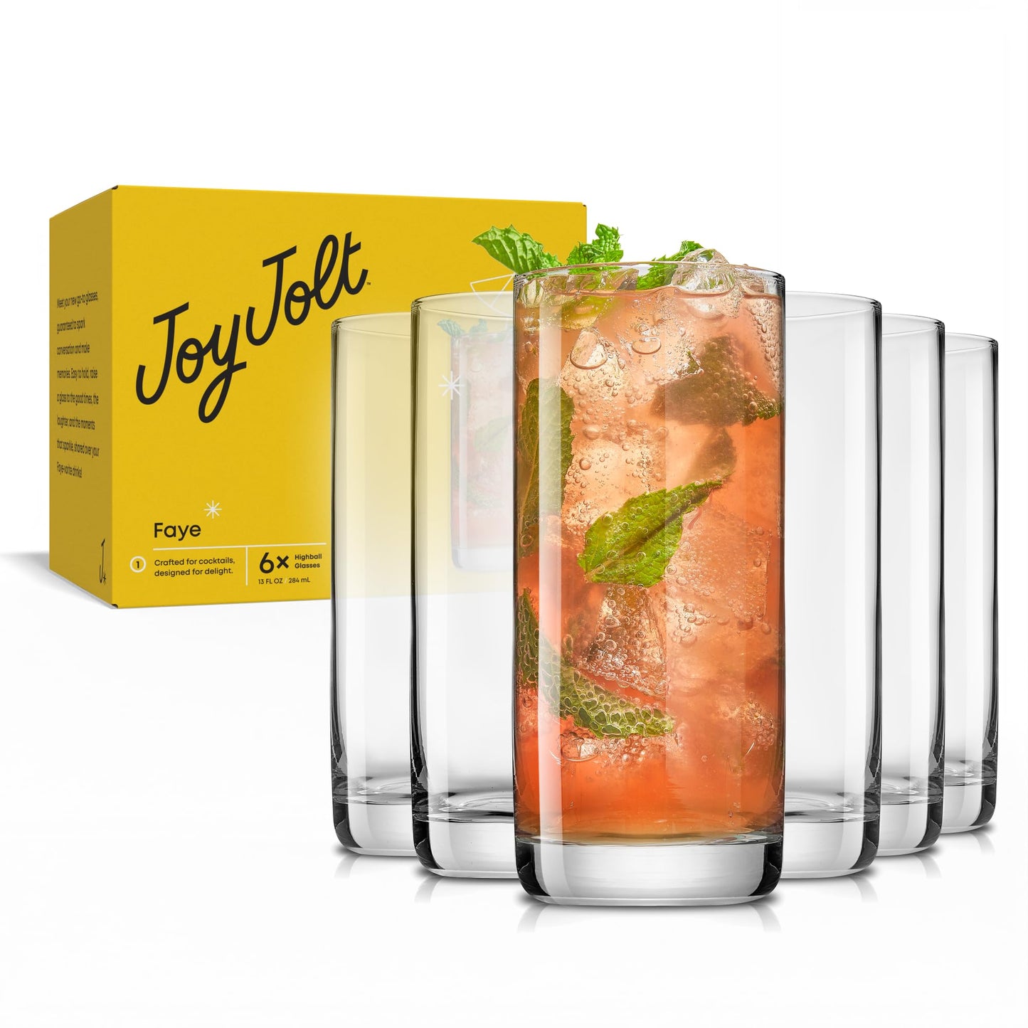 JoyJolt Faye Highball Glasses Set of 6 Tall Drinking Glasses. 13oz Cocktail Glass Set. Lead-Free Crystal Glassware. Bourbon or Whiskey Glass Cup, Bar, Iced Tea, Water, Mojito and Tom Collins Glasses
