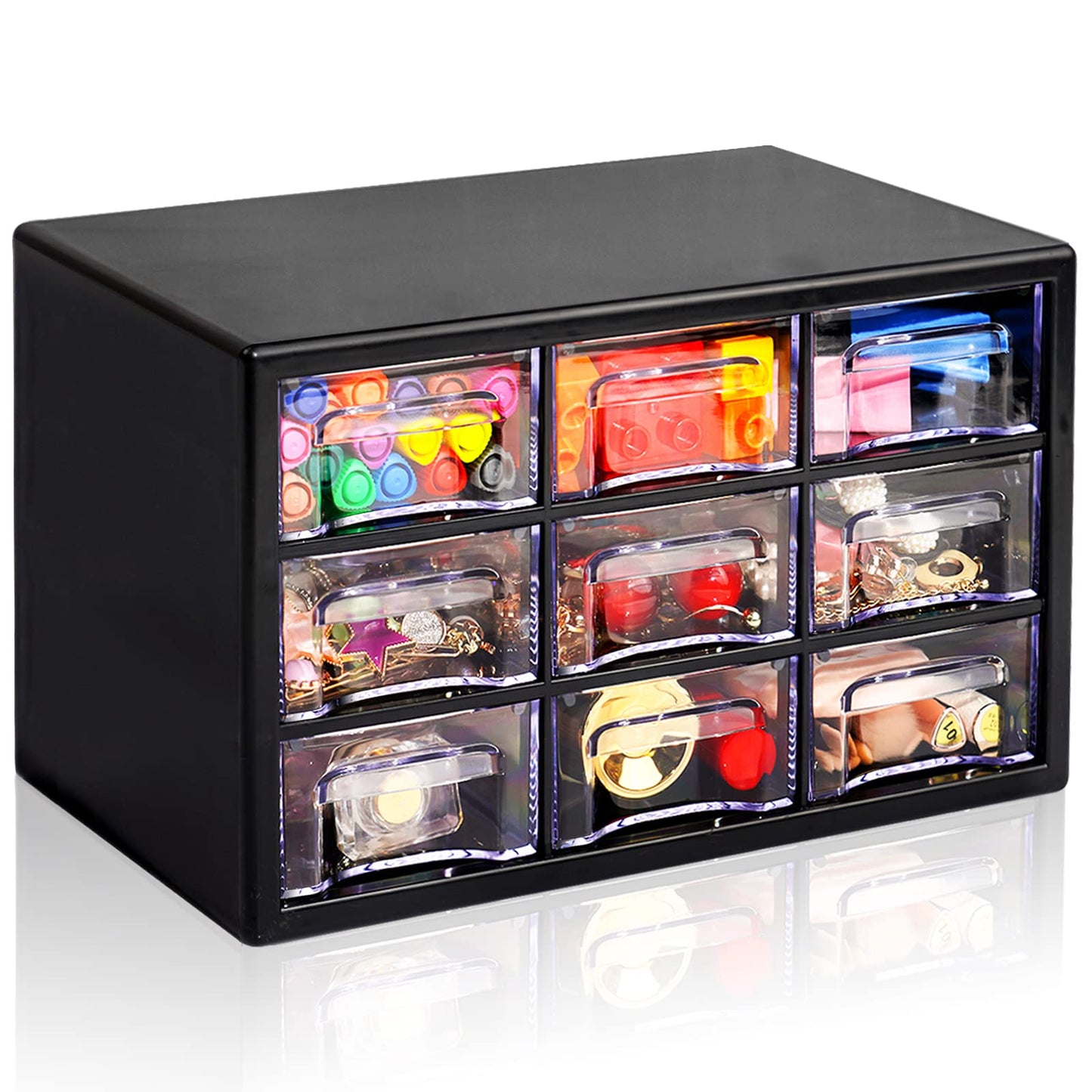 FODIENS Desk Storage Organizer with 9 Drawers, Stackable Desktop Craft Drawer Cabinet, Clear Storage Box Caddy for Makeup Jewelry Office Craft Supplies (Black)