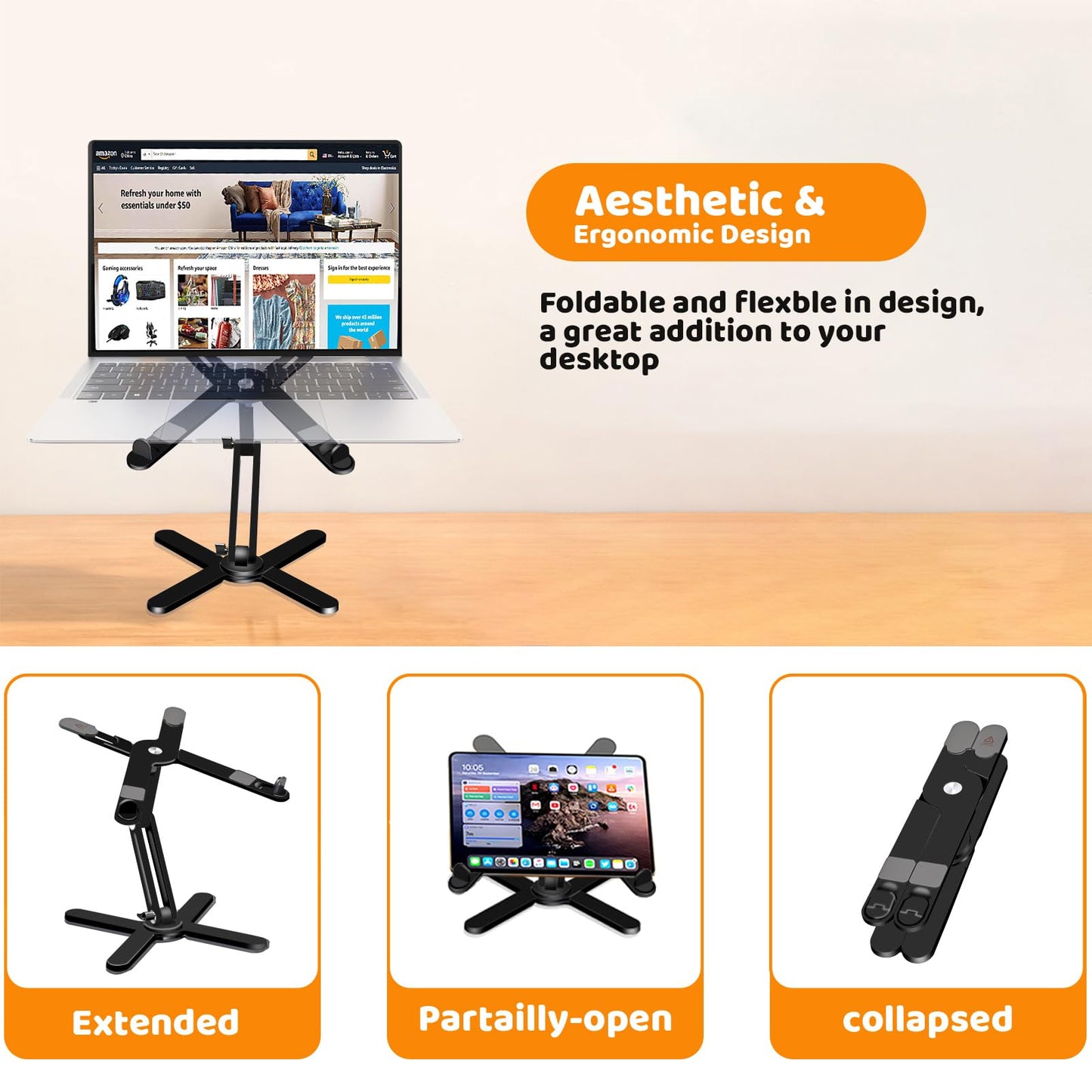 Moallia Laptop Stand with 360 Rotating Base, Computer Notebook Laptop Riser Metal Holder for Desk Collaborative Work, Fully Foldable for Easy Storage, Fits All MacBook, Laptops up to 16 inches, Black