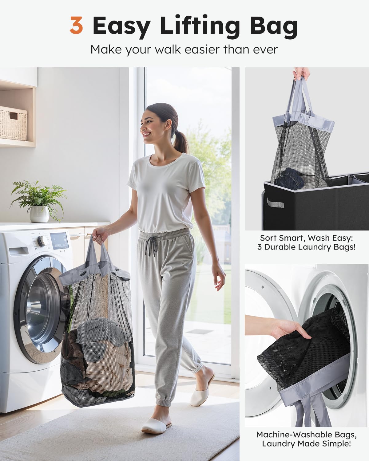 SOLEDI 180L Laundry Hamper 3 Section, Extra Large Laundry Hamper with Lid, Dirty Clothes Hamper with Sturdy Handle, Large Laundry Basket Organizer for Laundry Room, Bedroom, Hampers for Laundry-Black