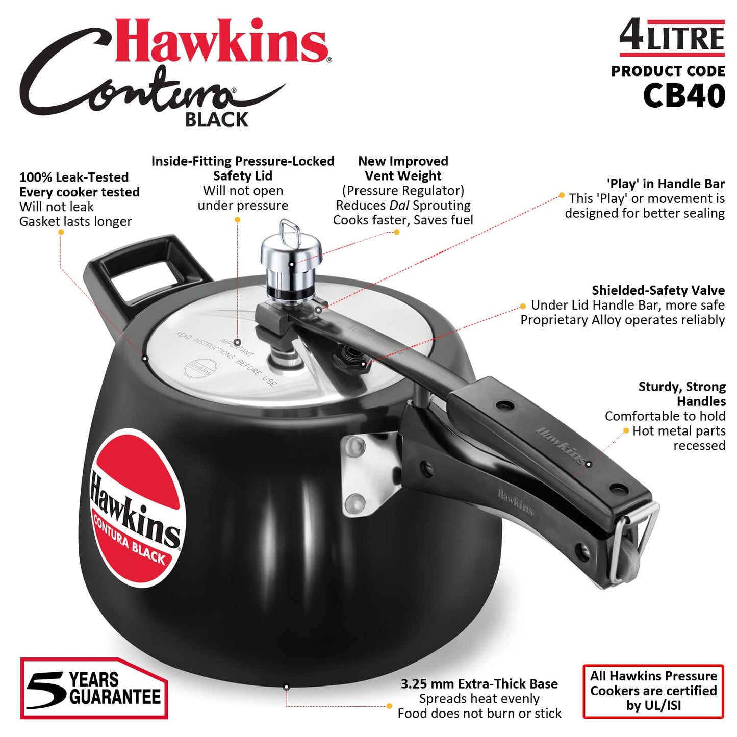 Hawkins CB40 Hard Anodised Pressure Cooker, 4-Liter, Contura Black