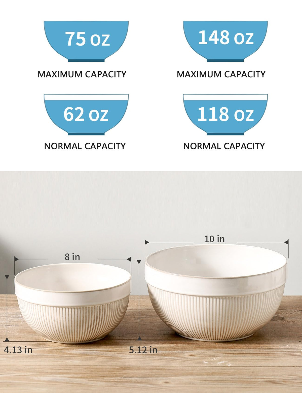 TEAKISS Ceramic Large Glazed White Stripe Mixing Bowls for Kitchen, Set of 2 Big Serving Bowls for Cooking, Popcorn, Salad, Soup, Baking, Dough Bread Making Bowl, 10 inch + 8 inch