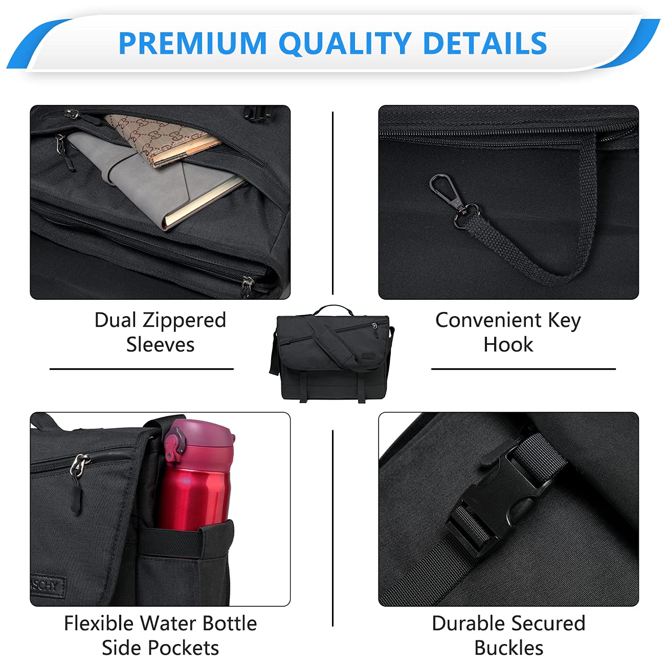 17inch Laptop Messenger Bag for Men,VASCHY Fashion Water Resistant Satchel Crossbody Shoulder Side Bag Briefcase for Men and Women for Work,School,Business Black