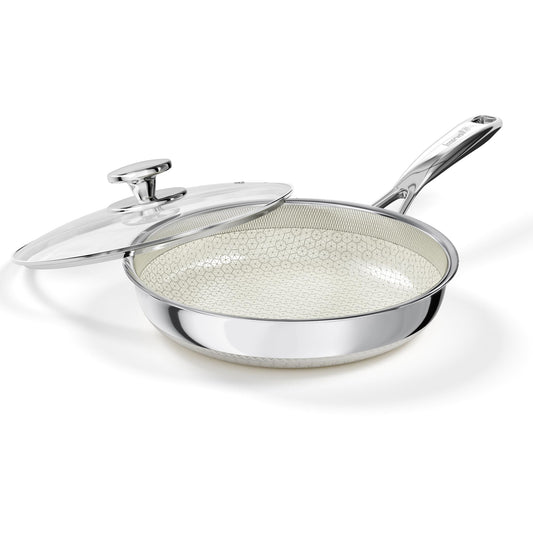 10 Inch Non Stick Frying Pan with Lid, Ceramic Hybrid Tri-Ply Stainless Steel Non Stick Skillet Pan W/Lid Healthy Nonstick Cookware Induction Omelette Chef Frying Pan, Oven Safe, PFAS/PFOA/PTFE Free