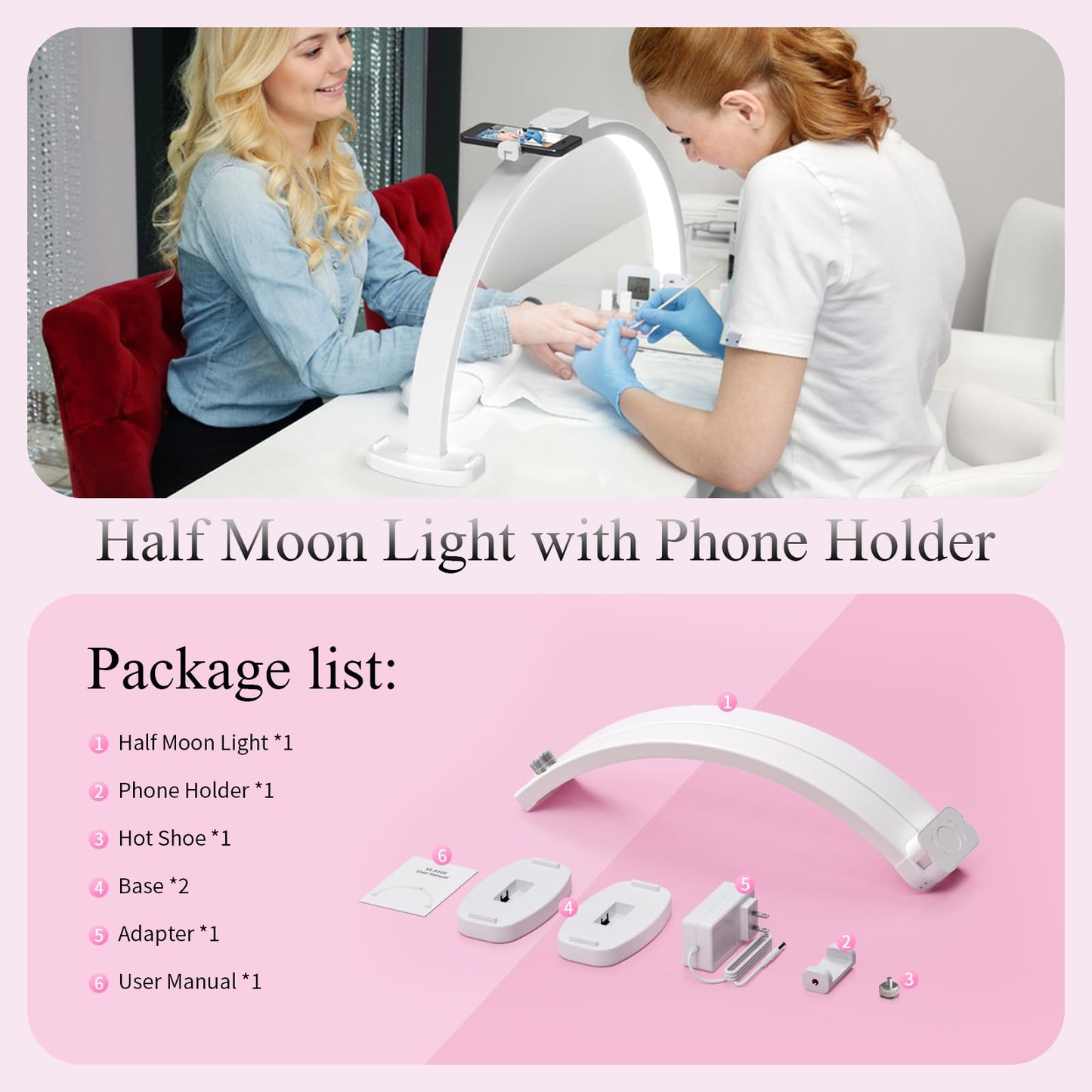 TideNaga Half Moon LED Light for Nail Tech, 31" Foldable Half Moon Nail Desk Lamp with Phone Stand Perfect for Beginner, Color Temperature/Brightness Stepless Adjustment Arch Tech Light (White)