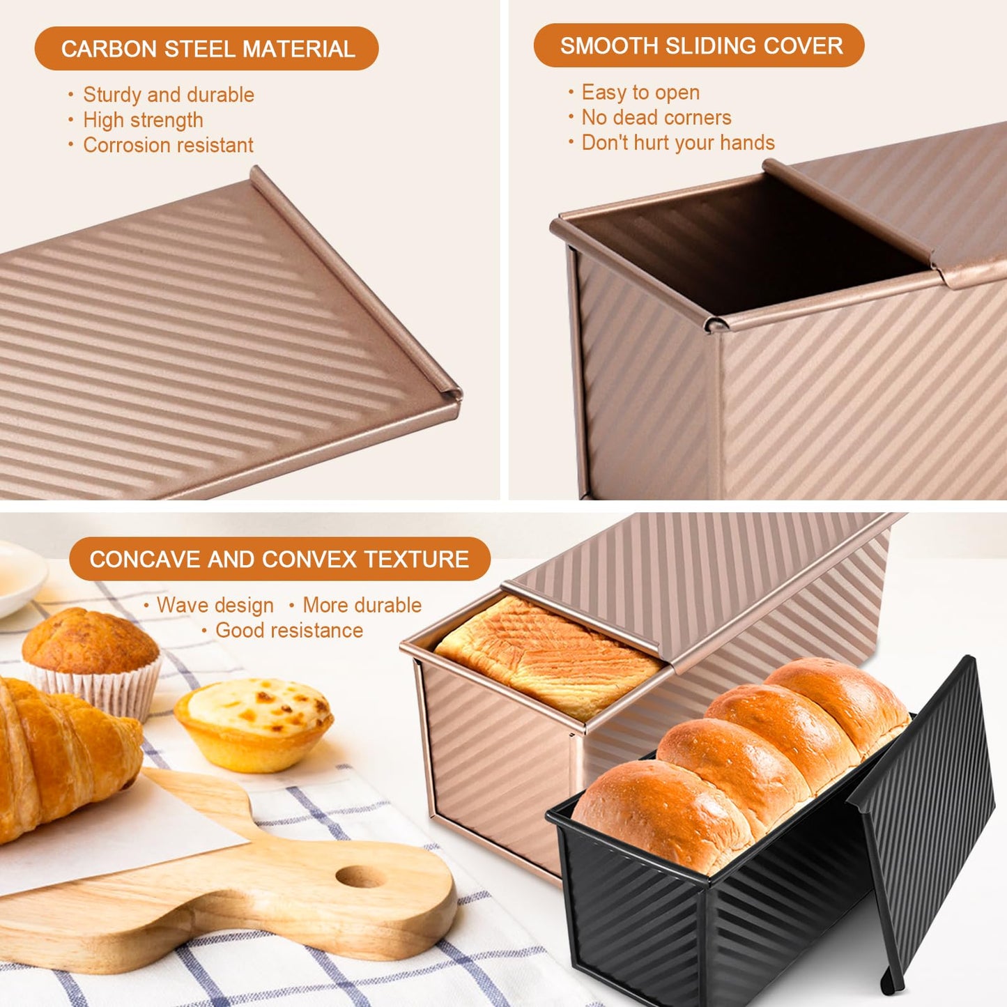 2Pack Pullman Loaf Pans with Lids – 2.2 LB & 1 LB Dough Capacity, Non-Stick Carbon Steel Bread Pans for Homemade Sandwich and Sourdough Bread, Corrugated Toast Mold