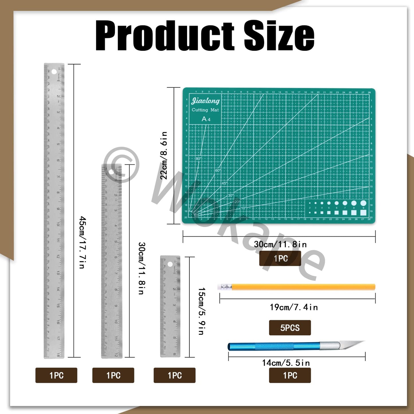 Wokape 10Pcs Stainless Steel Cork Back Rulers Accessories Kit, Including 6" 12" 18" Straight Edge Cork Base Rulers, Craft Knife Precision Hobby Knife Kit, HB Pencils with Erasers for Drafting