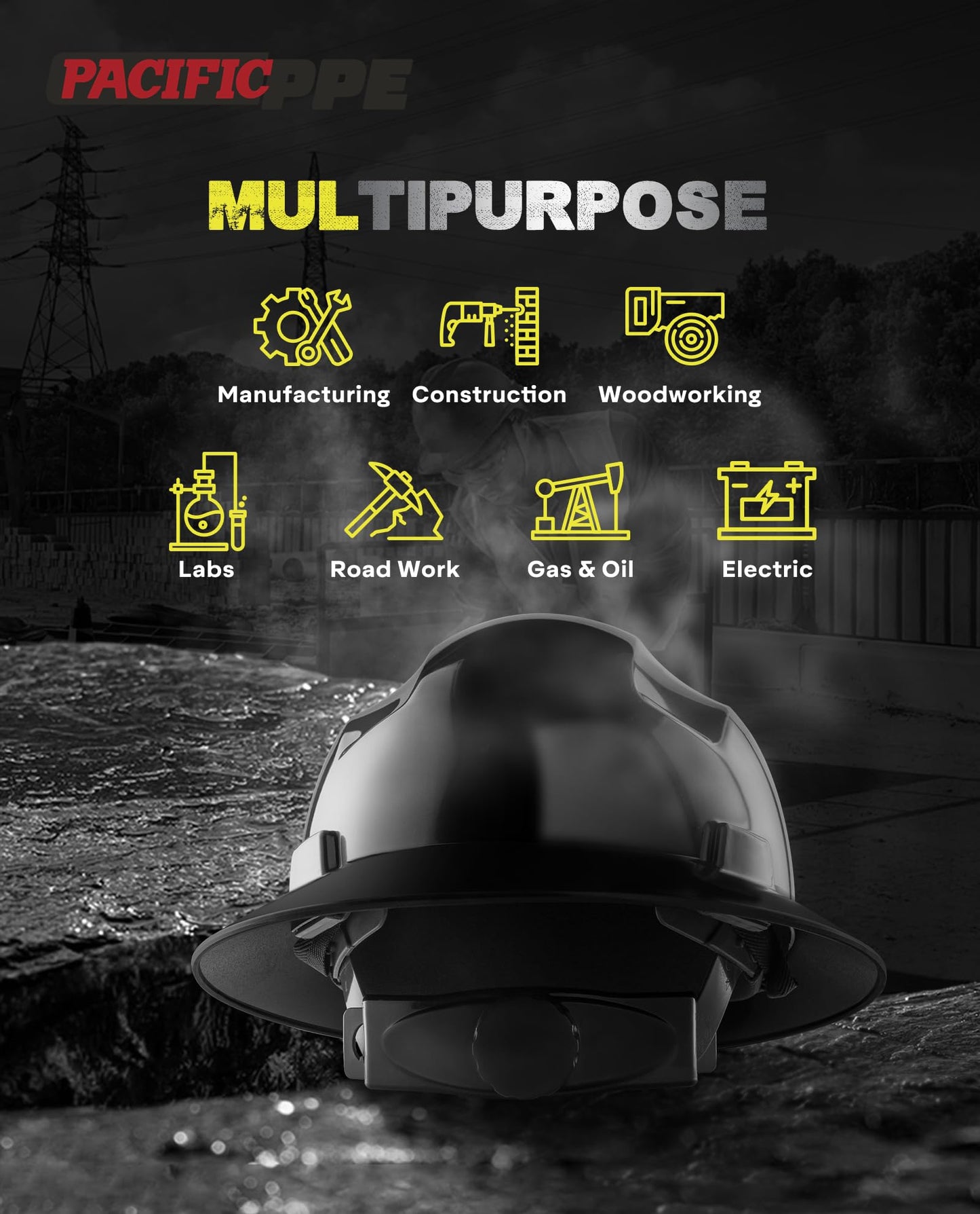 PACIFIC PPE Full Brim Hard Hat, OSHA Construction Safety Helmet Certified to ANSI Z89, 4 Point Adjustable Ratchet Suspension, Class E, G & C, Black