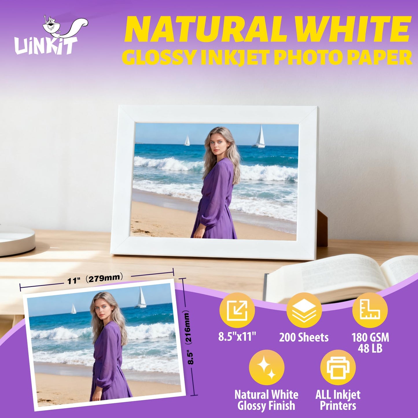 Uinkit Glossy Inkjet Photo Paper 8.5x11 Inches,180Gsm Natural White,200 Sheets -True Color Reproduction for Vivid Prints 48lb Professional Photo Paper Letter Size (200)